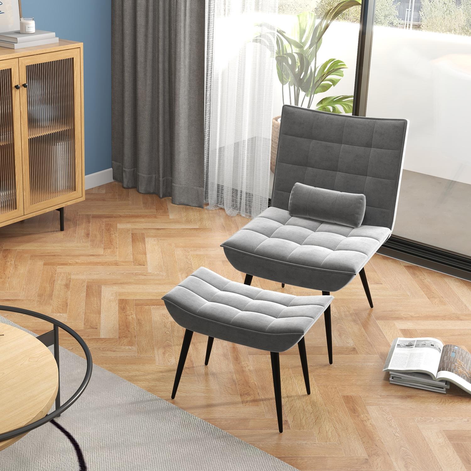 Grå Relax Stol & Ottoman Set, Sammetsklädsel, bekväma kuddar