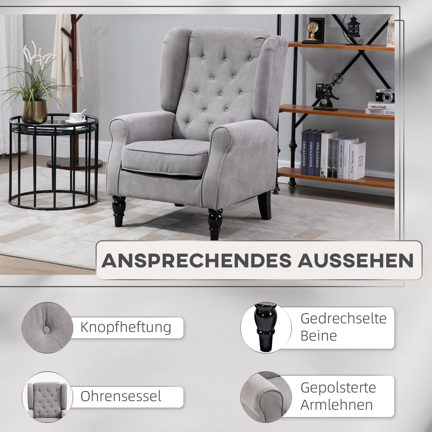 Grå Wingback Accent Stol, Tuftad, Polyester, 74x86x102cm