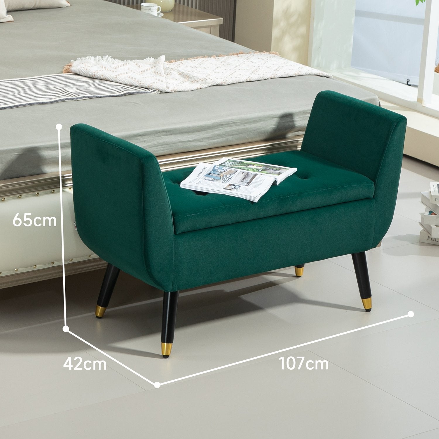 Green Velvet Förvaringsbänk med armstöd – 107 x 42 x 65 cm