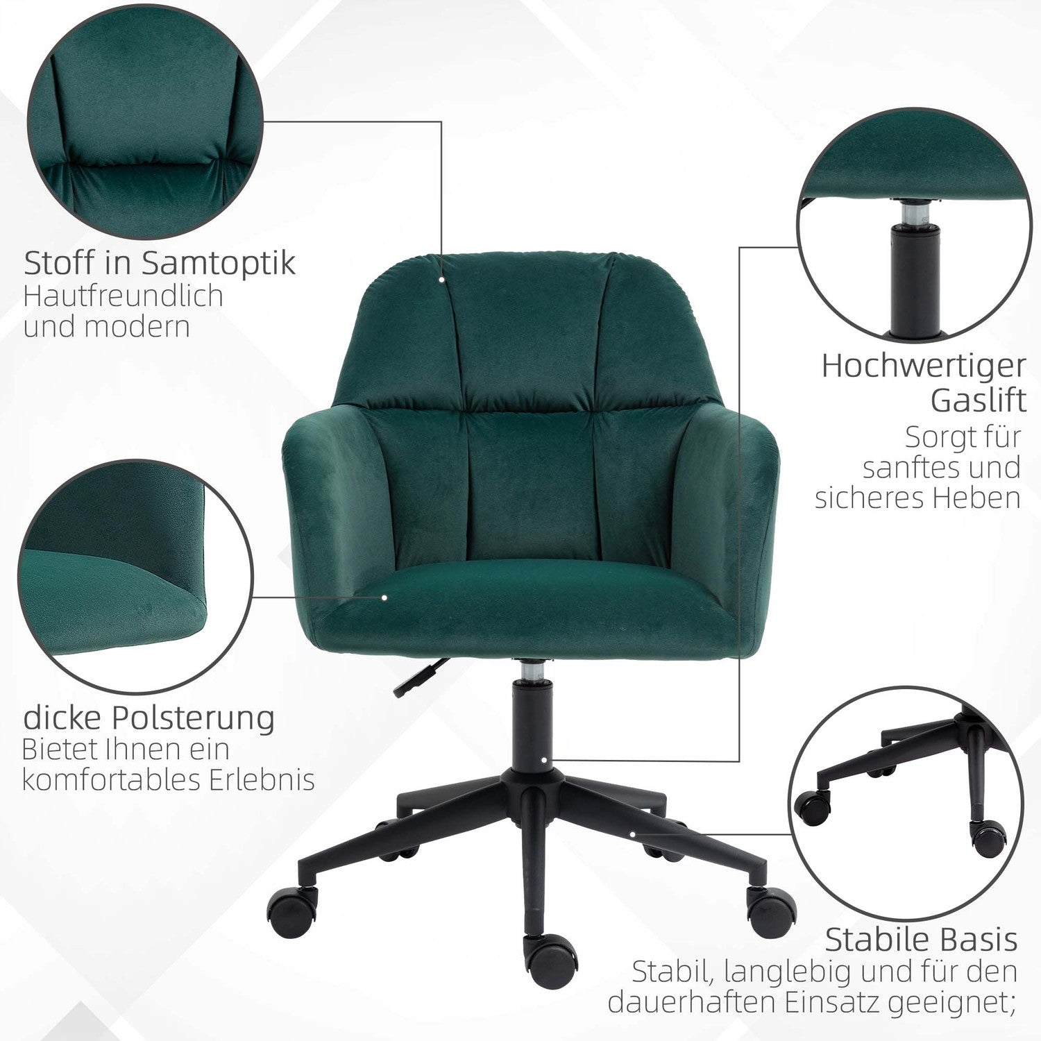 Green Velvet Look Swivel Office Stol, Justerbar Med Armstöd