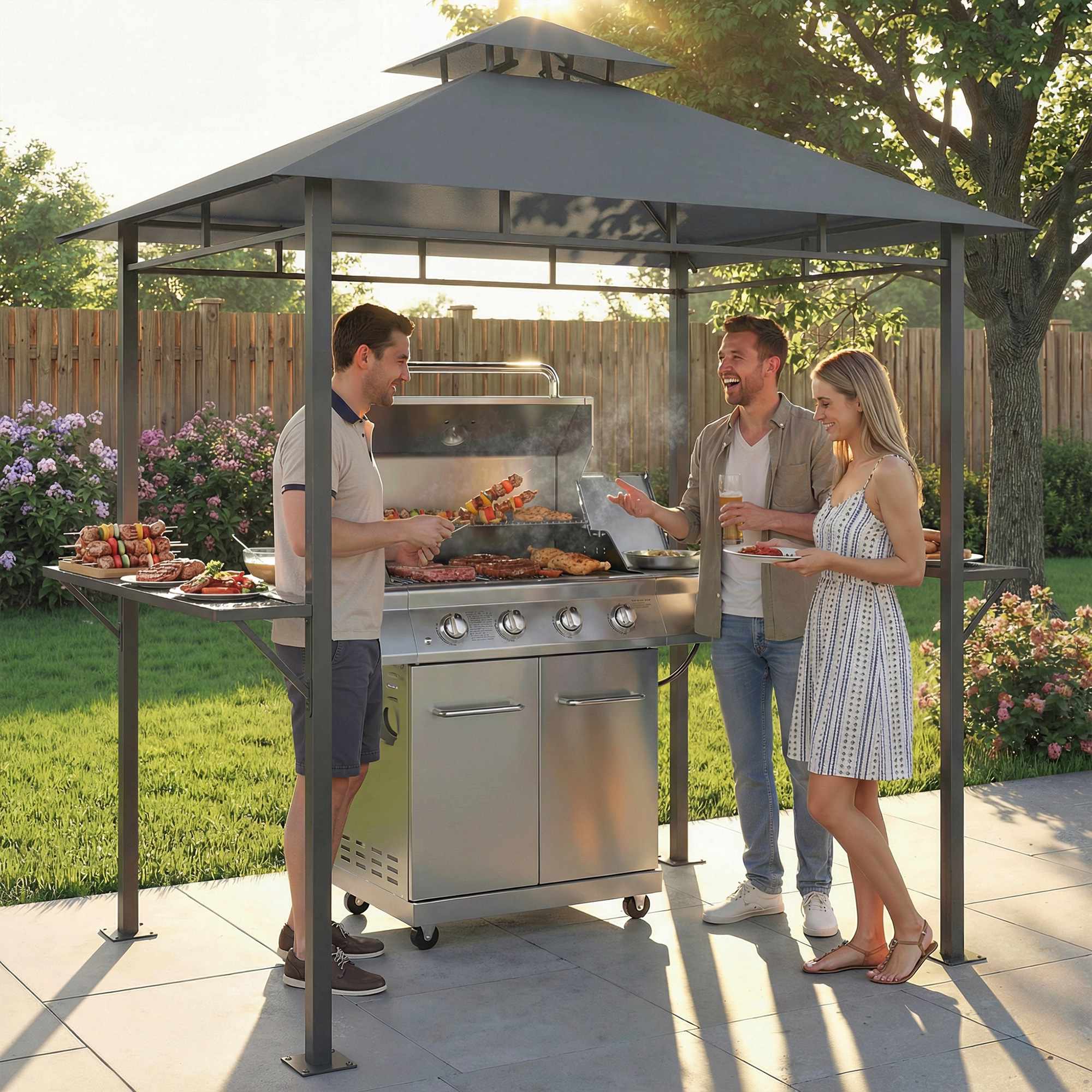 Grillpaviljong 2,4x1,4m, ventilerat tak, sidohyllor