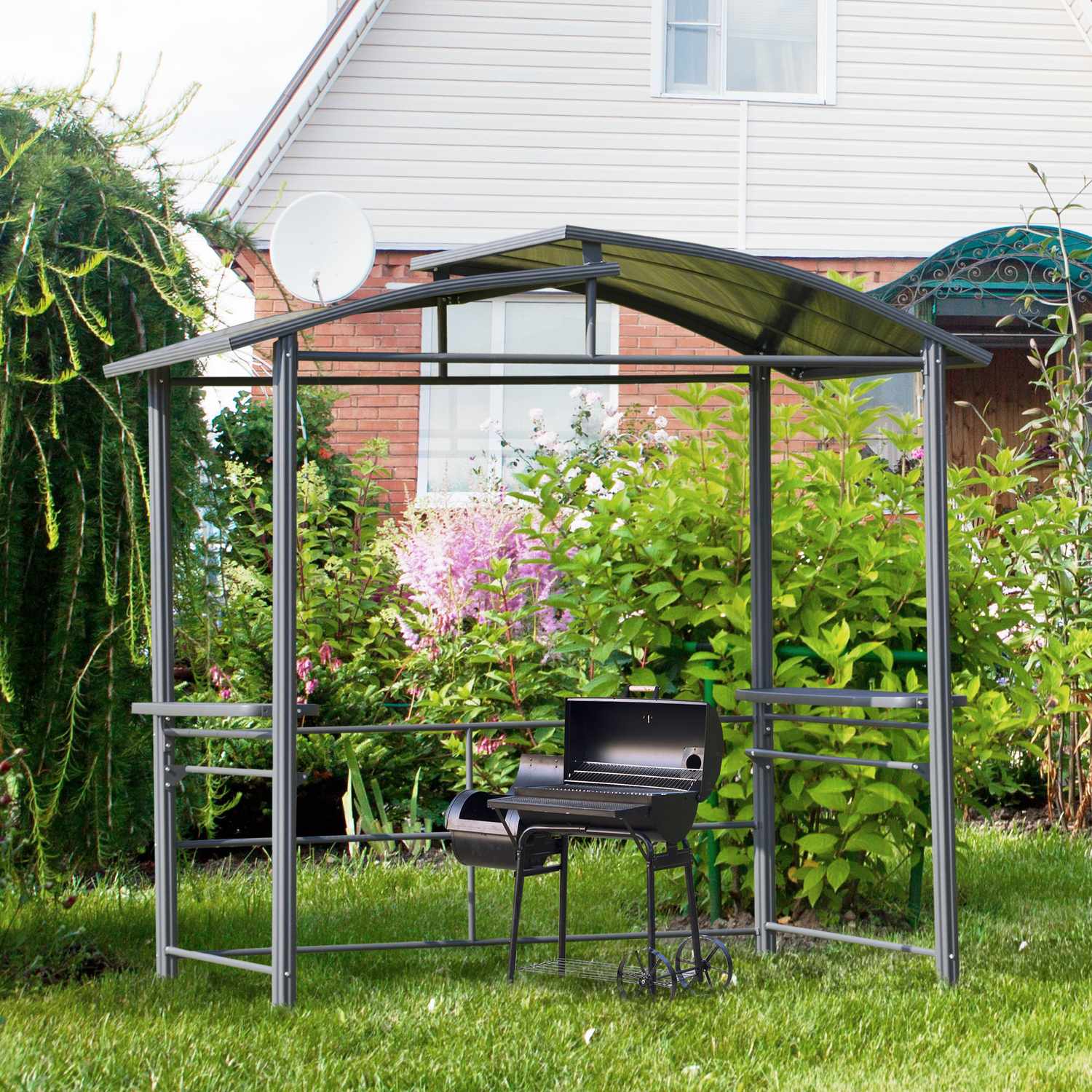 Grillpaviljong med flamskydd, 2 hyllplan, 240x150cm, grå