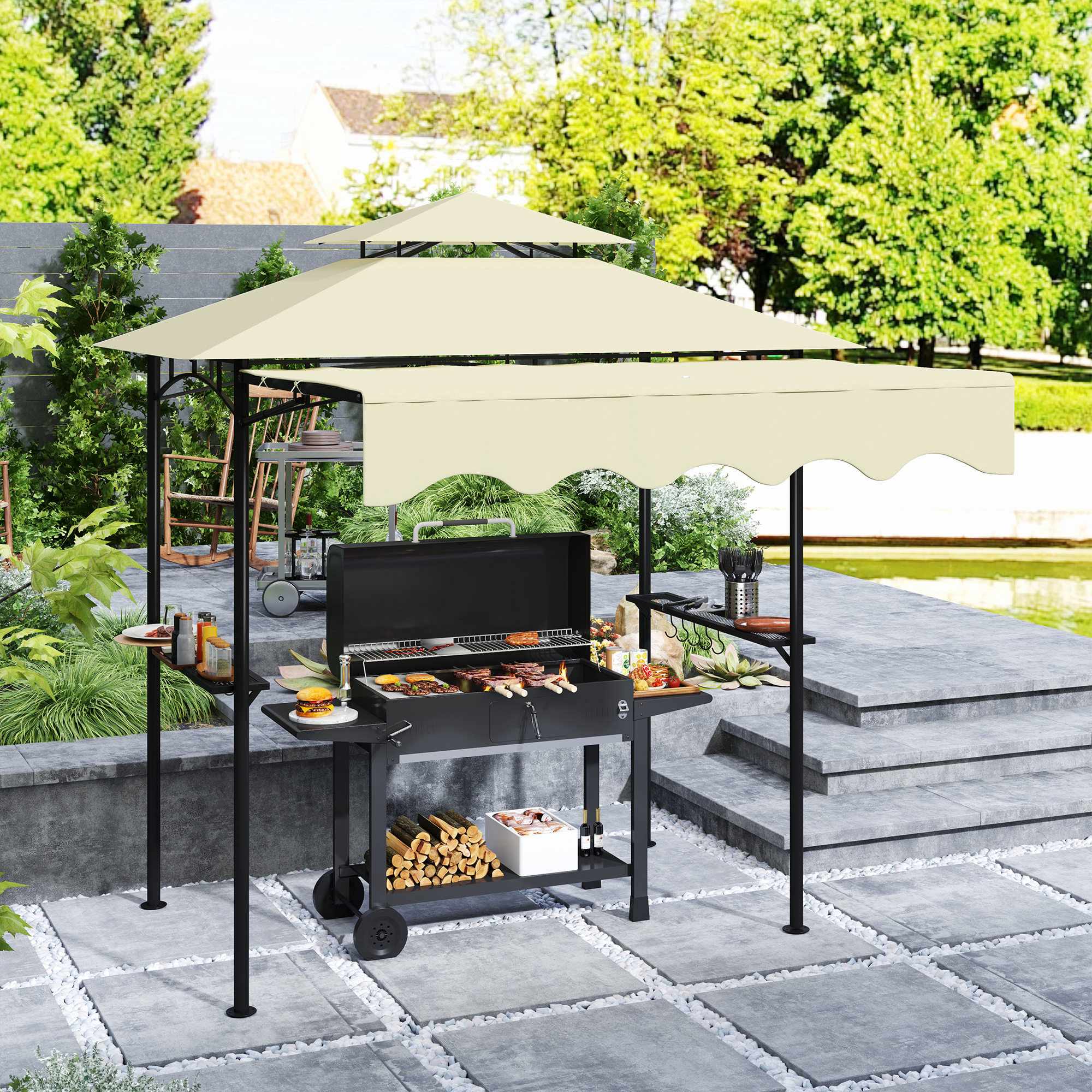 Grillpaviljong med justerbar markis och hyllor