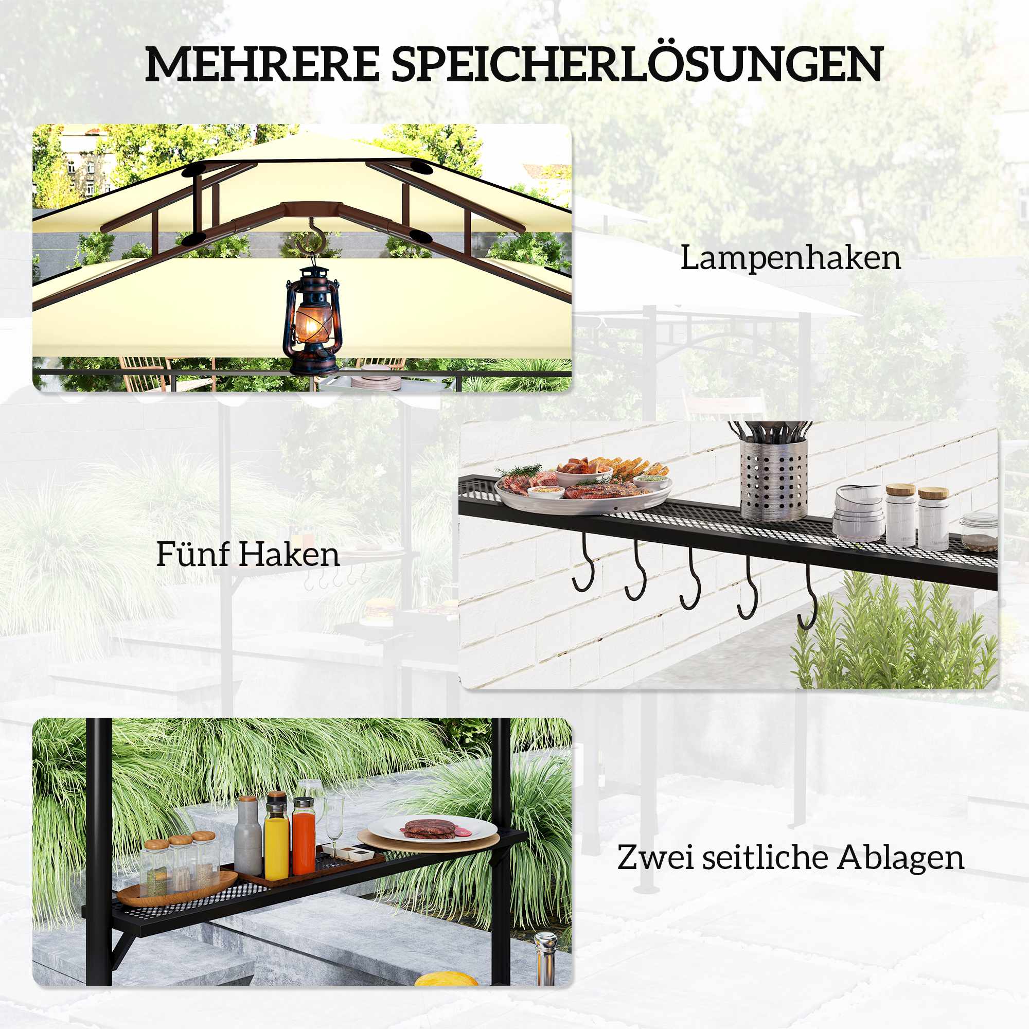 Grillpaviljong med justerbar markis och hyllor