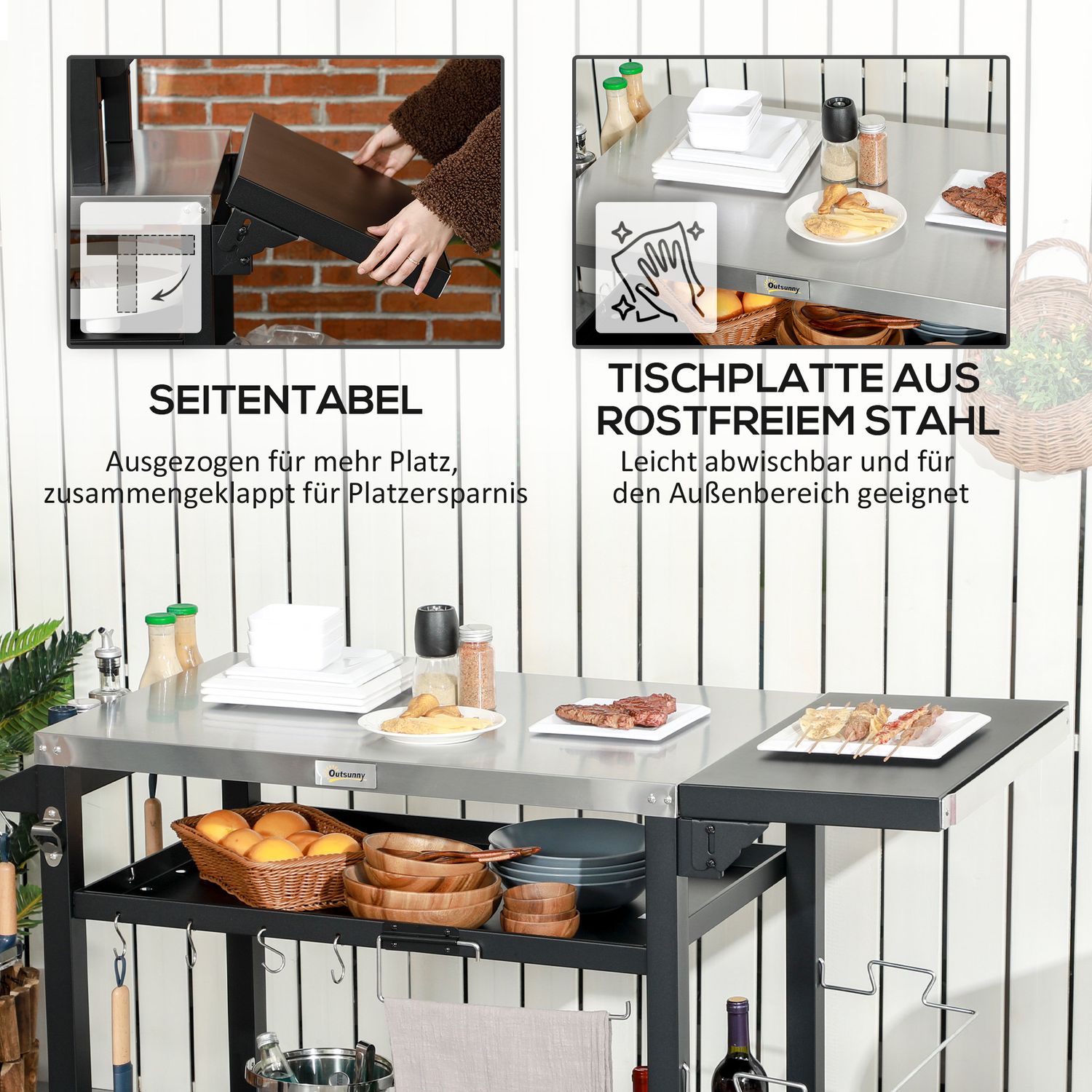 Grilovací vozík se skládacím odkládacím stolkem a kolečky