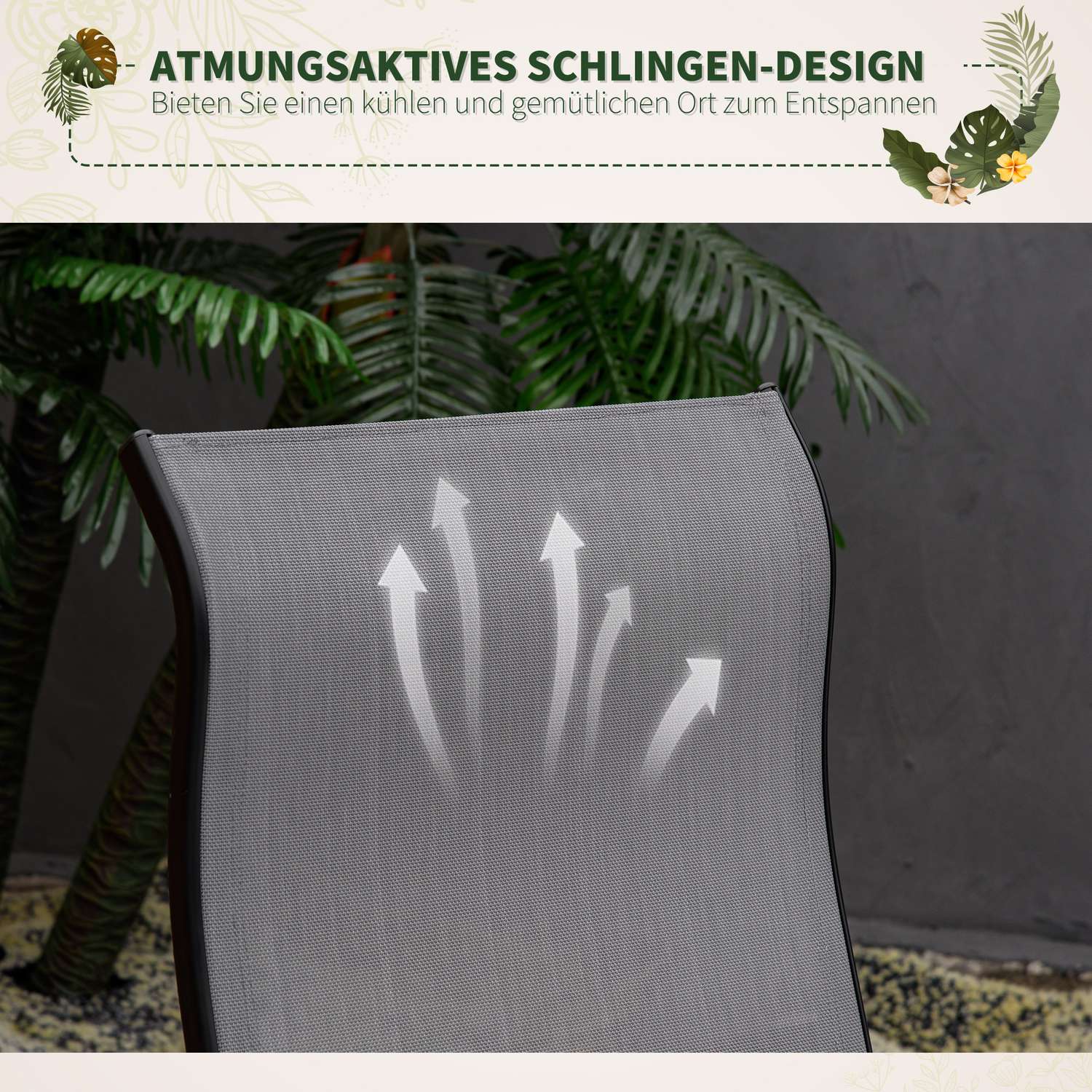 Grå justerbar trädgårdsgungstol med fotstöd, kapacitet 160 kg