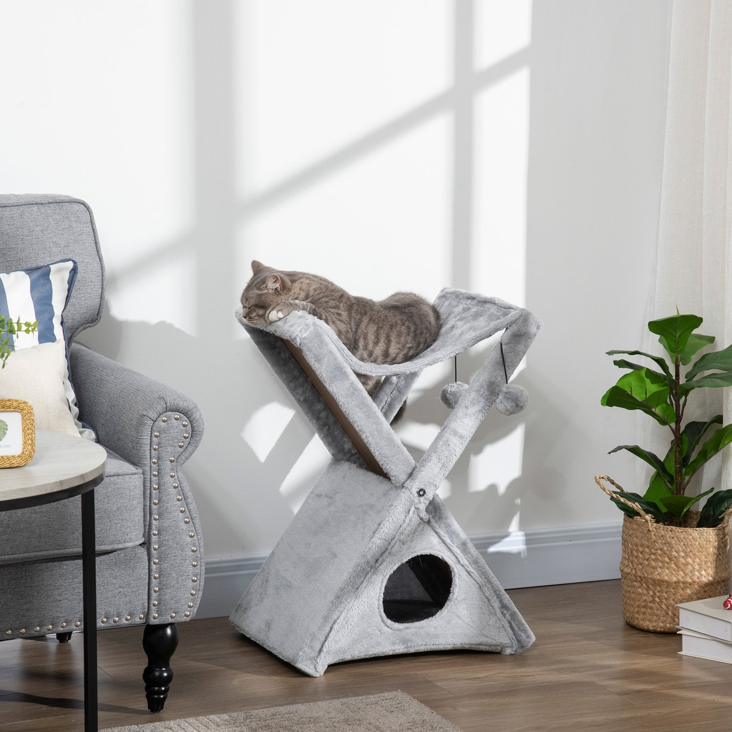 Grå katttorn med hängmatta och grotta, sisal och plysch