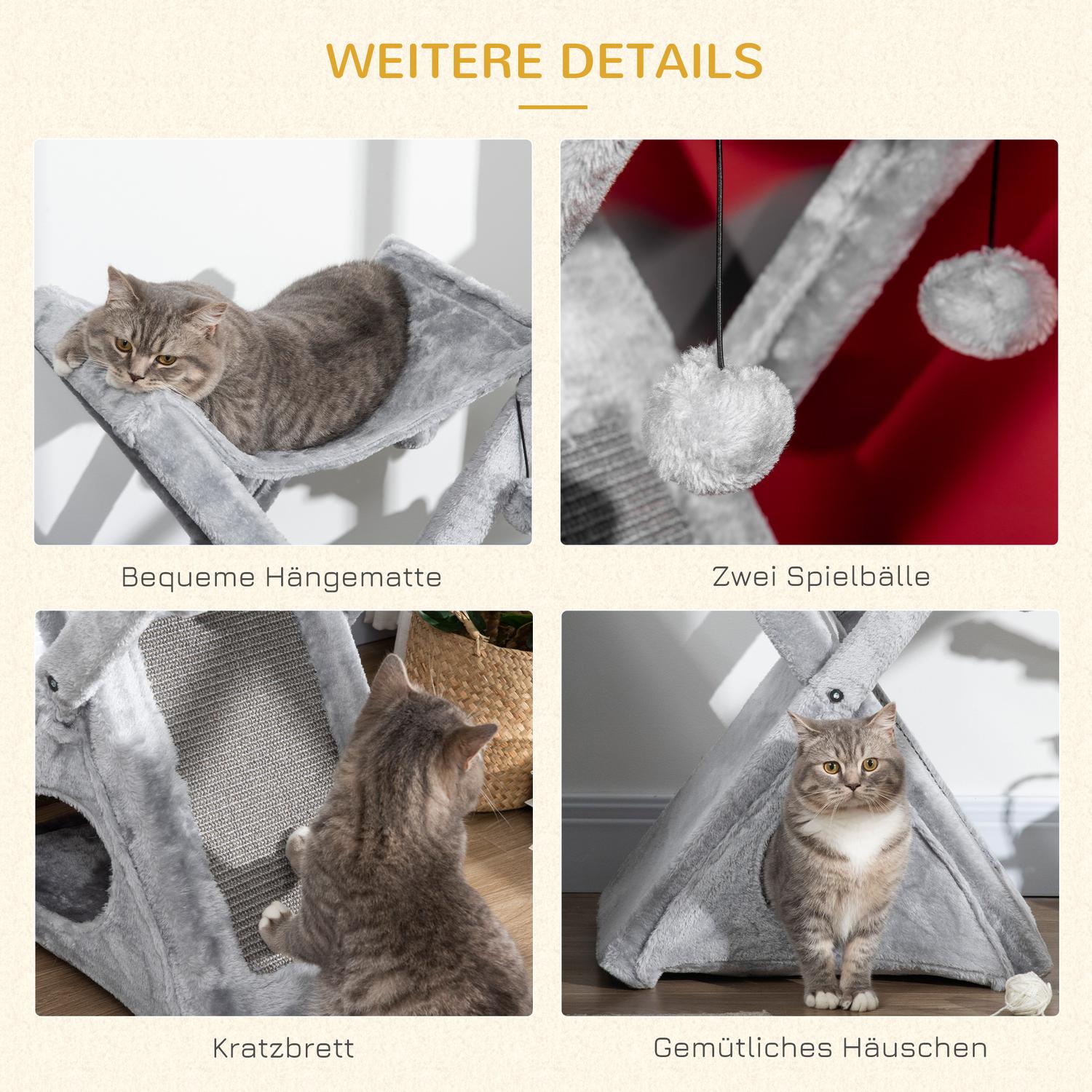 Grå katttorn med hängmatta och grotta, sisal och plysch