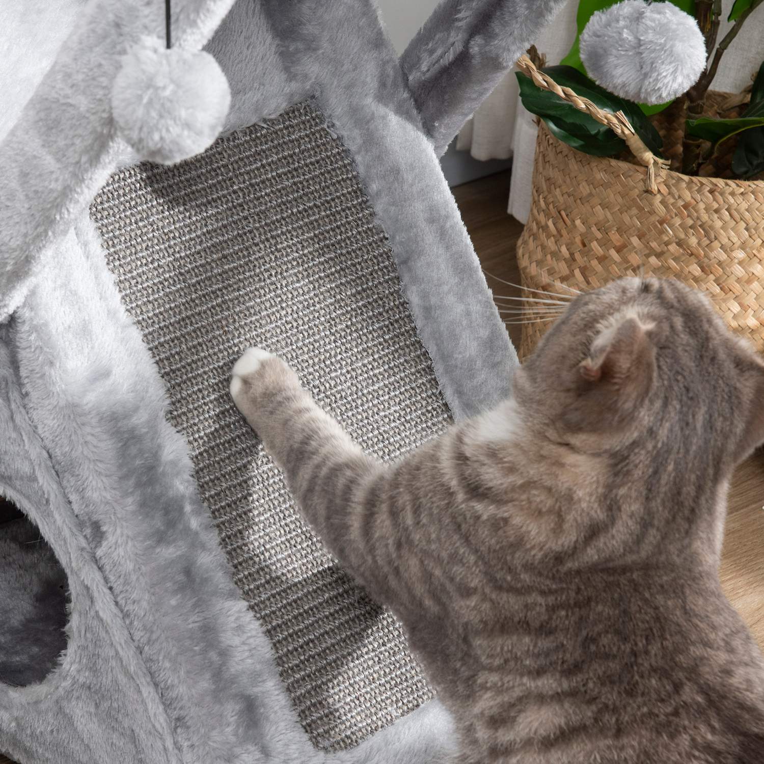 Grå katttorn med hängmatta och grotta, sisal och plysch