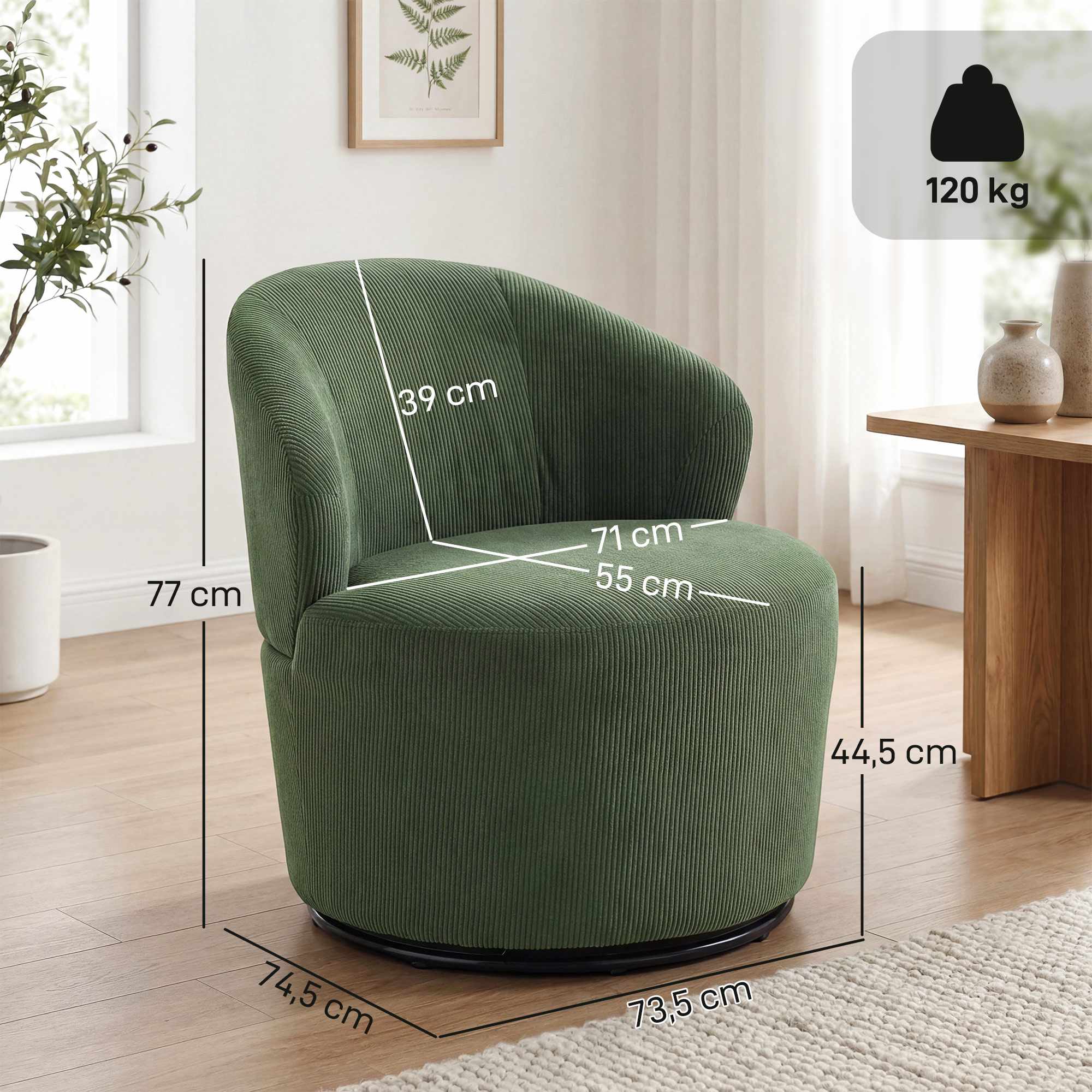 Grön manchestersnurrstol, 360 graders rotation, ergonomisk rygg