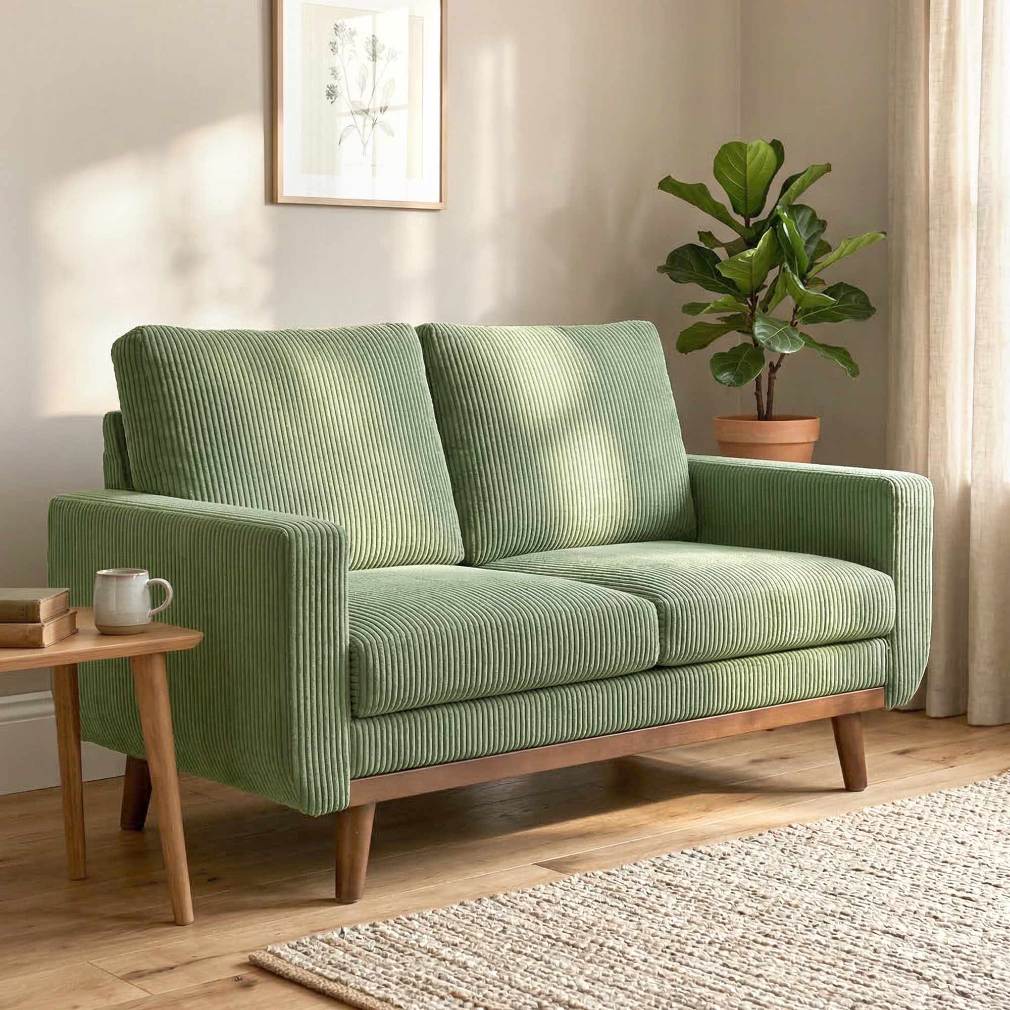 Grön sladdsoffa med 2 säten, 134 cm med pocketfjädrar