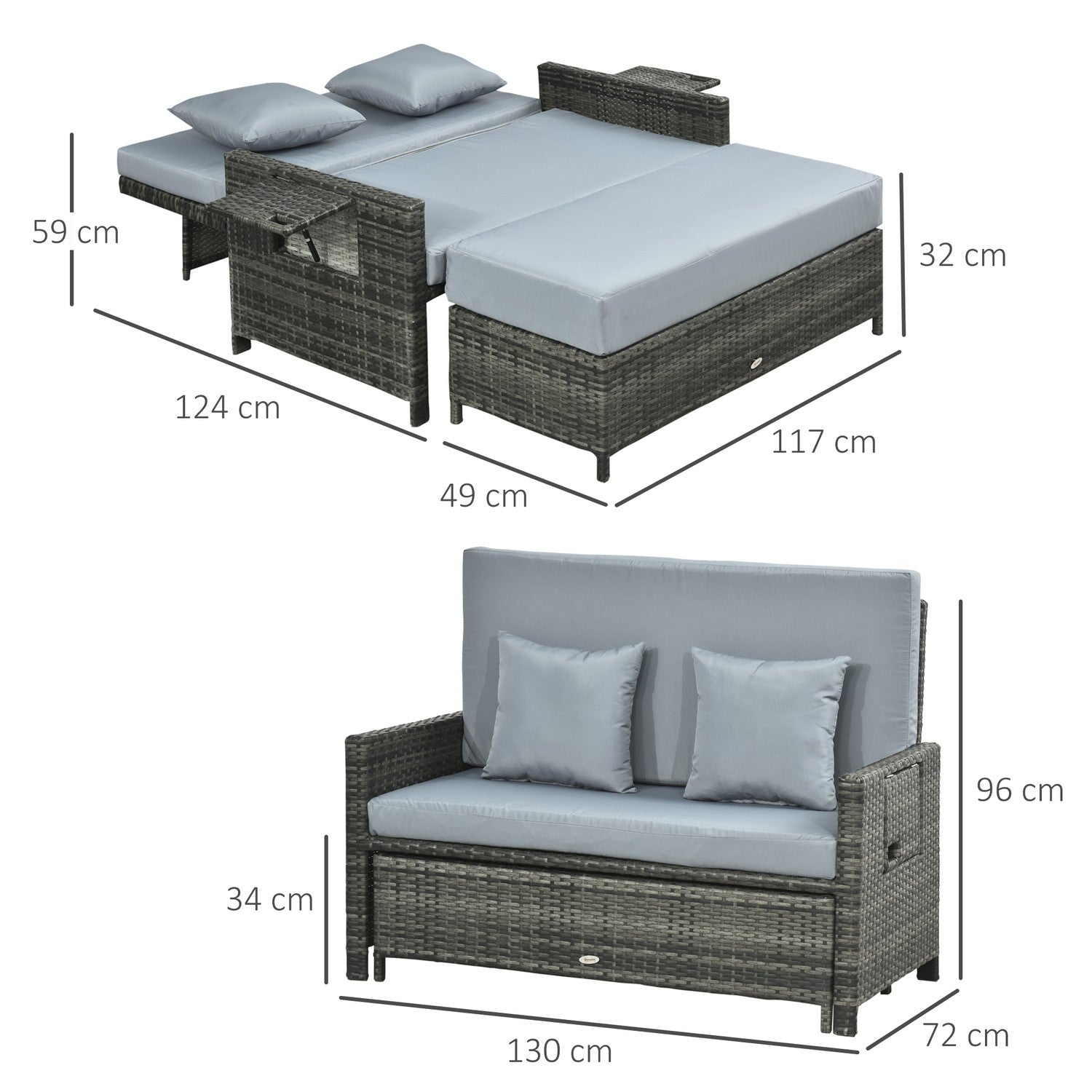 Grå polyrattan 2-sits trädgårdssoffa med dyna och pall