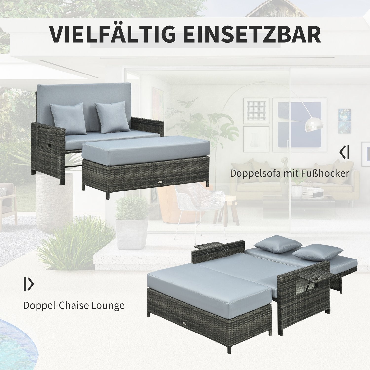 Grå polyrattan 2-sits trädgårdssoffa med dyna och pall
