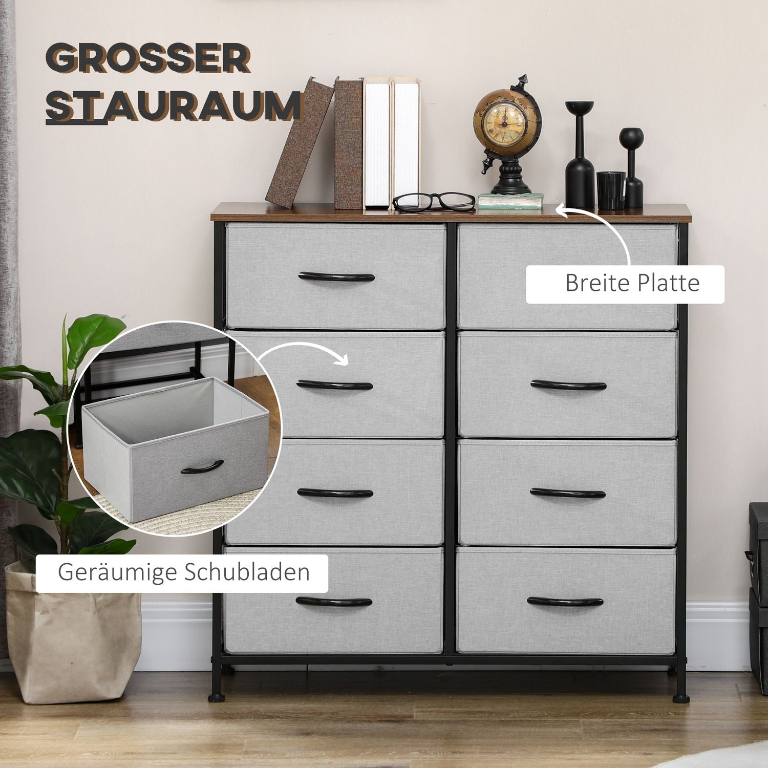 Šedá komoda s 8 látkovými boxy a deskou
