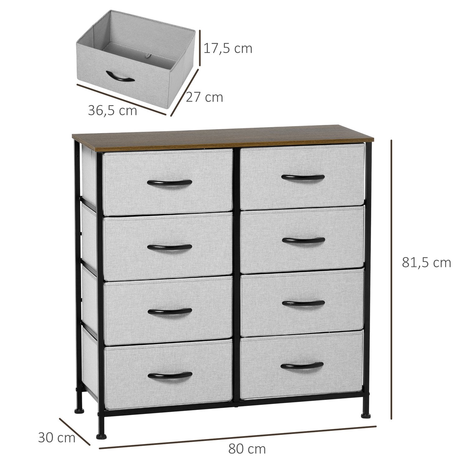 Šedá komoda s 8 látkovými boxy a deskou