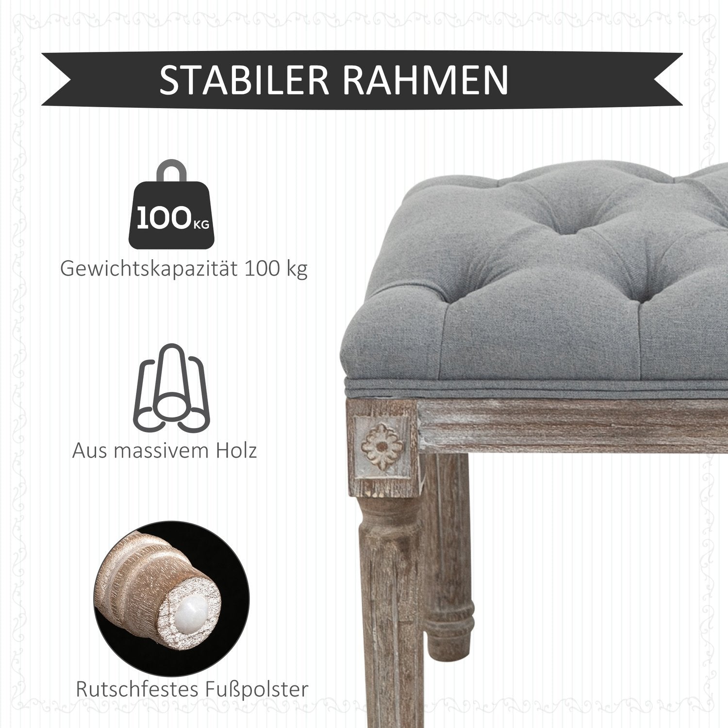 Grå stoppad bänk - vintagestil med knappdetalj