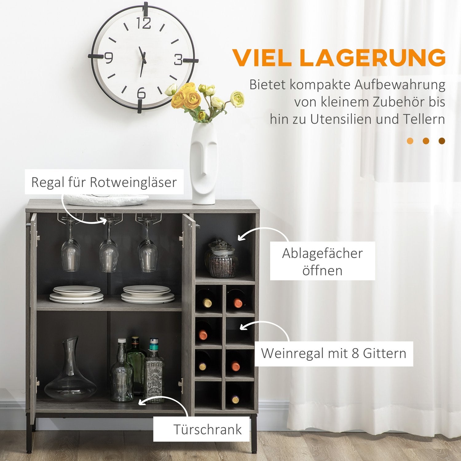 Grått bufféskåp med vinställ, ställbara hyllor