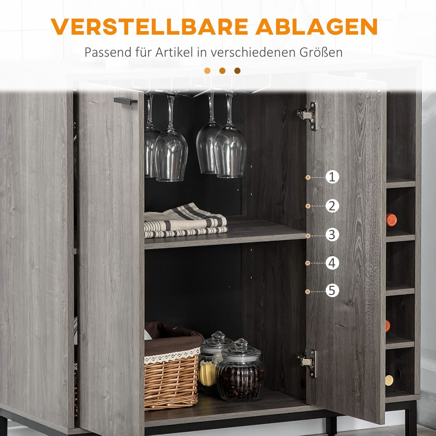 Grått bufféskåp med vinställ, ställbara hyllor