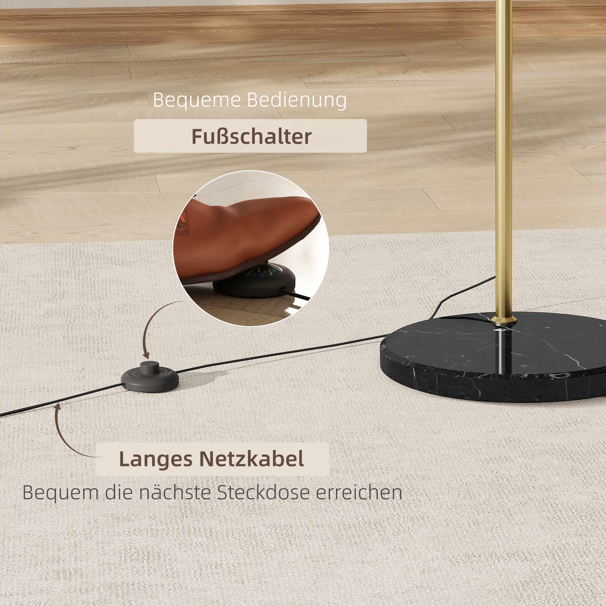 Guldfärgad båggolvlampa med justerbart stativ, marmorfot