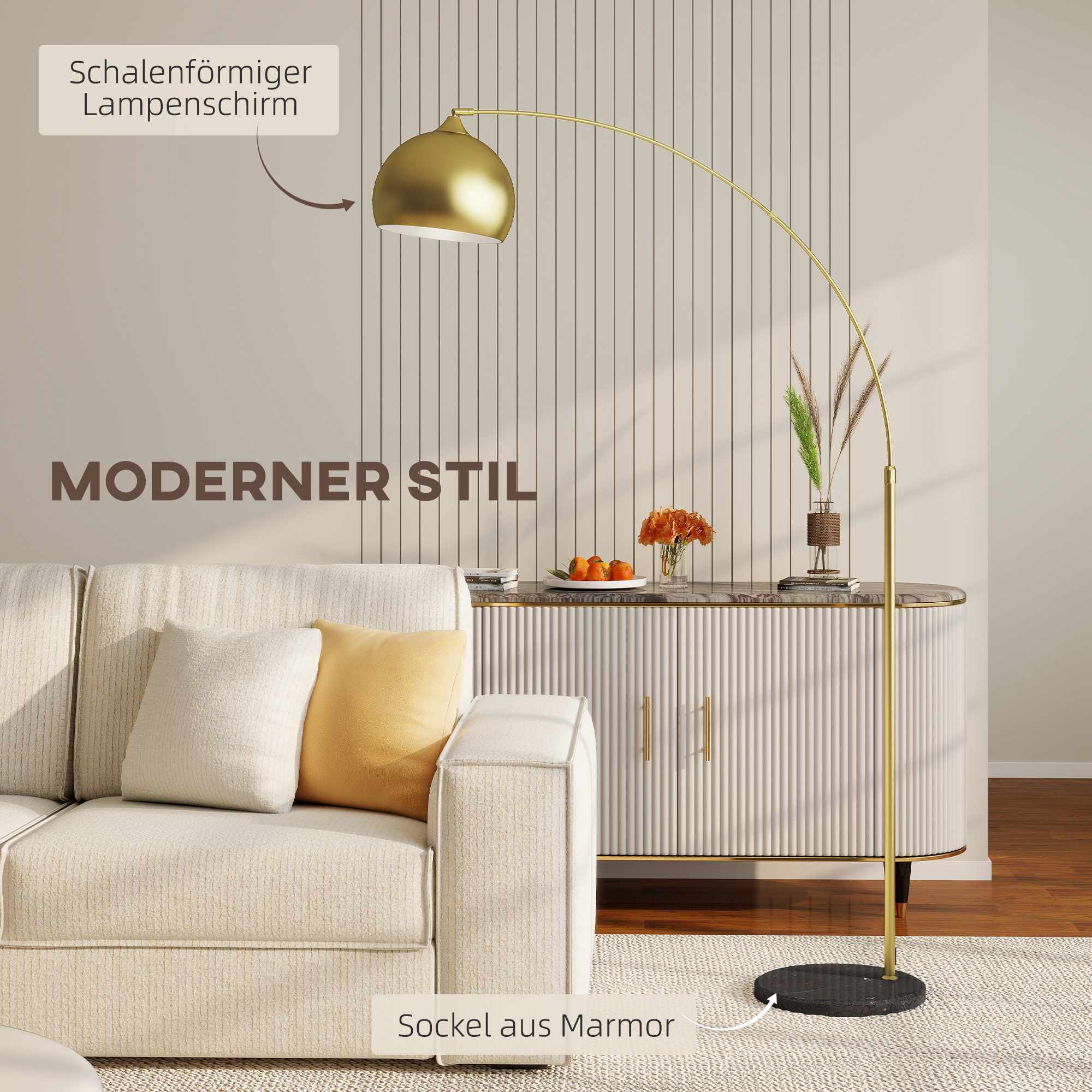 Guldfärgad båggolvlampa med justerbart stativ, marmorfot