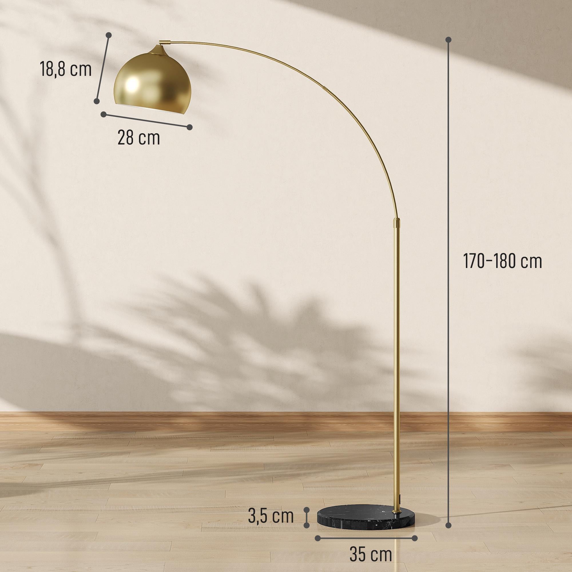 Guldfärgad båggolvlampa med justerbart stativ, marmorfot