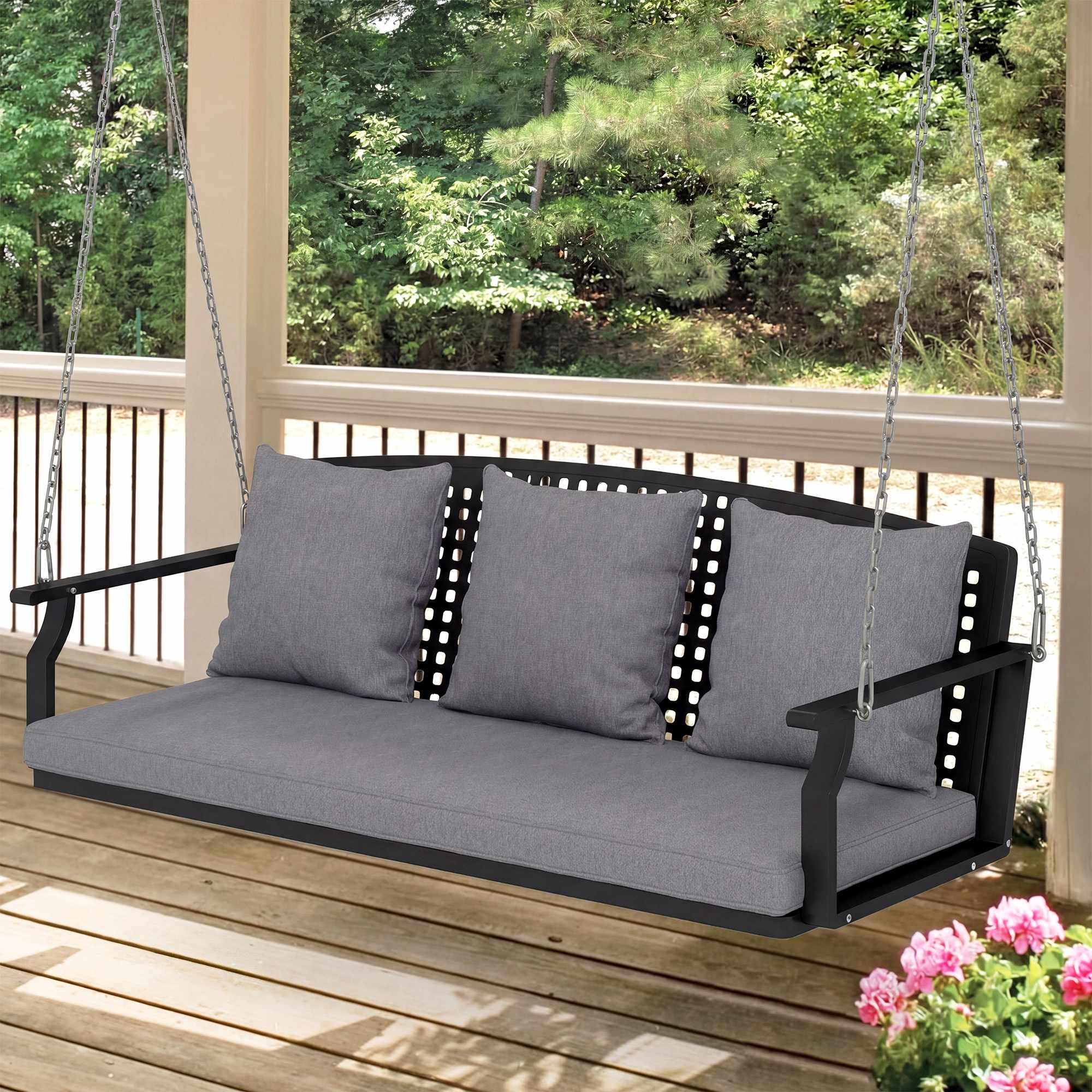 Gungbänk för 3 personer med dynor och justerbara kedjor