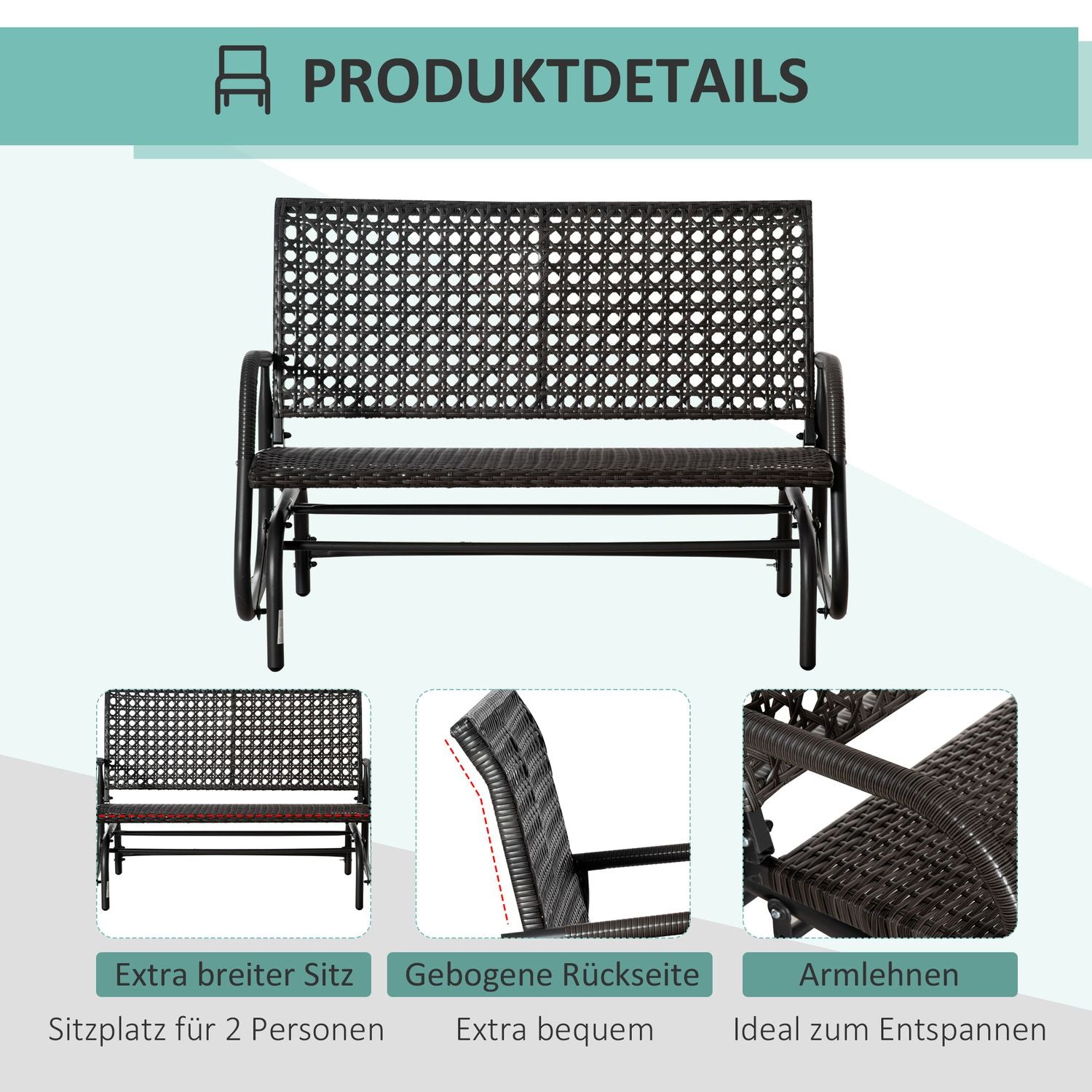 Gungbänk i polyrattan utomhus, 2-sits, grå, 70x120x84 cm
