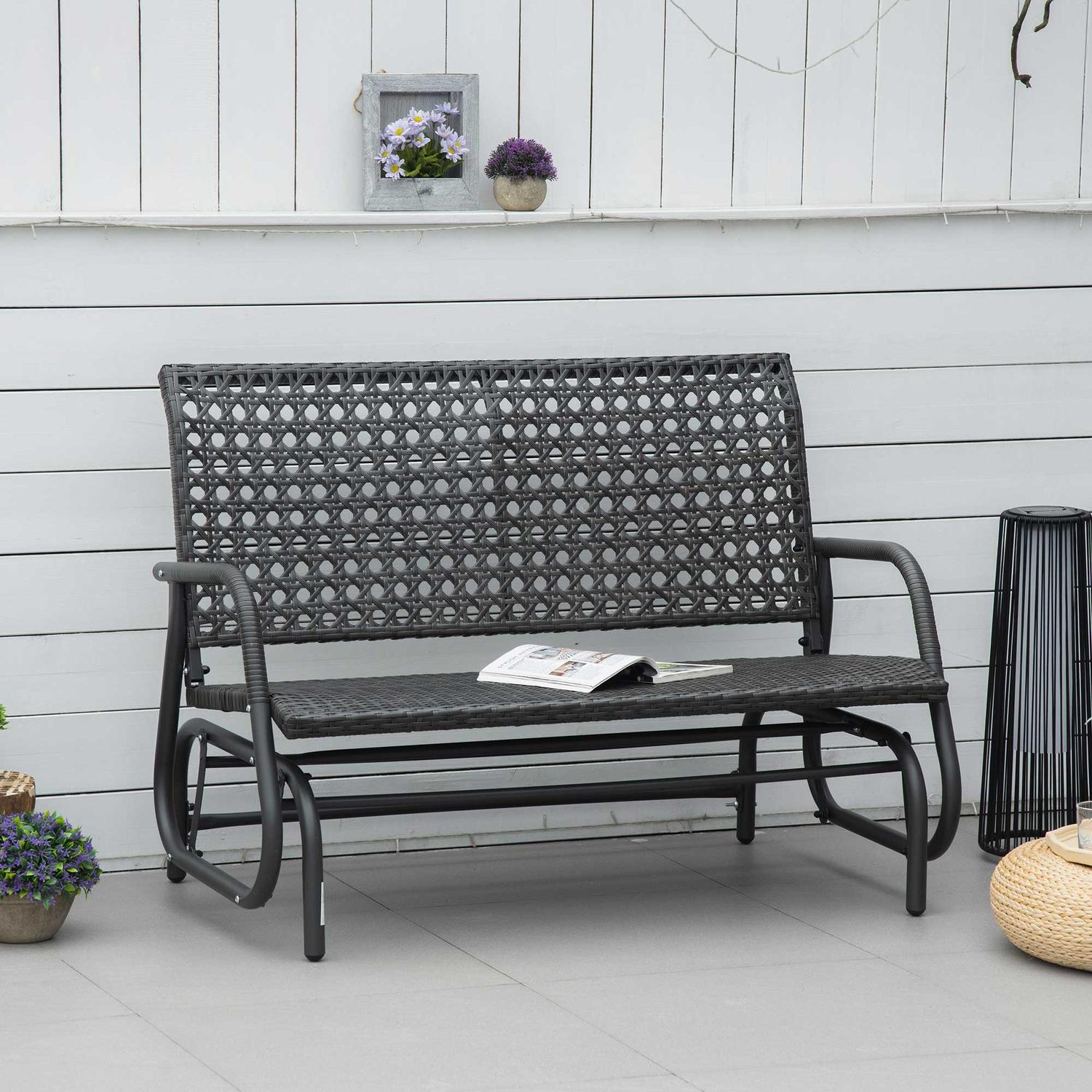 Gungbänk i polyrattan utomhus, 2-sits, grå, 70x120x84 cm