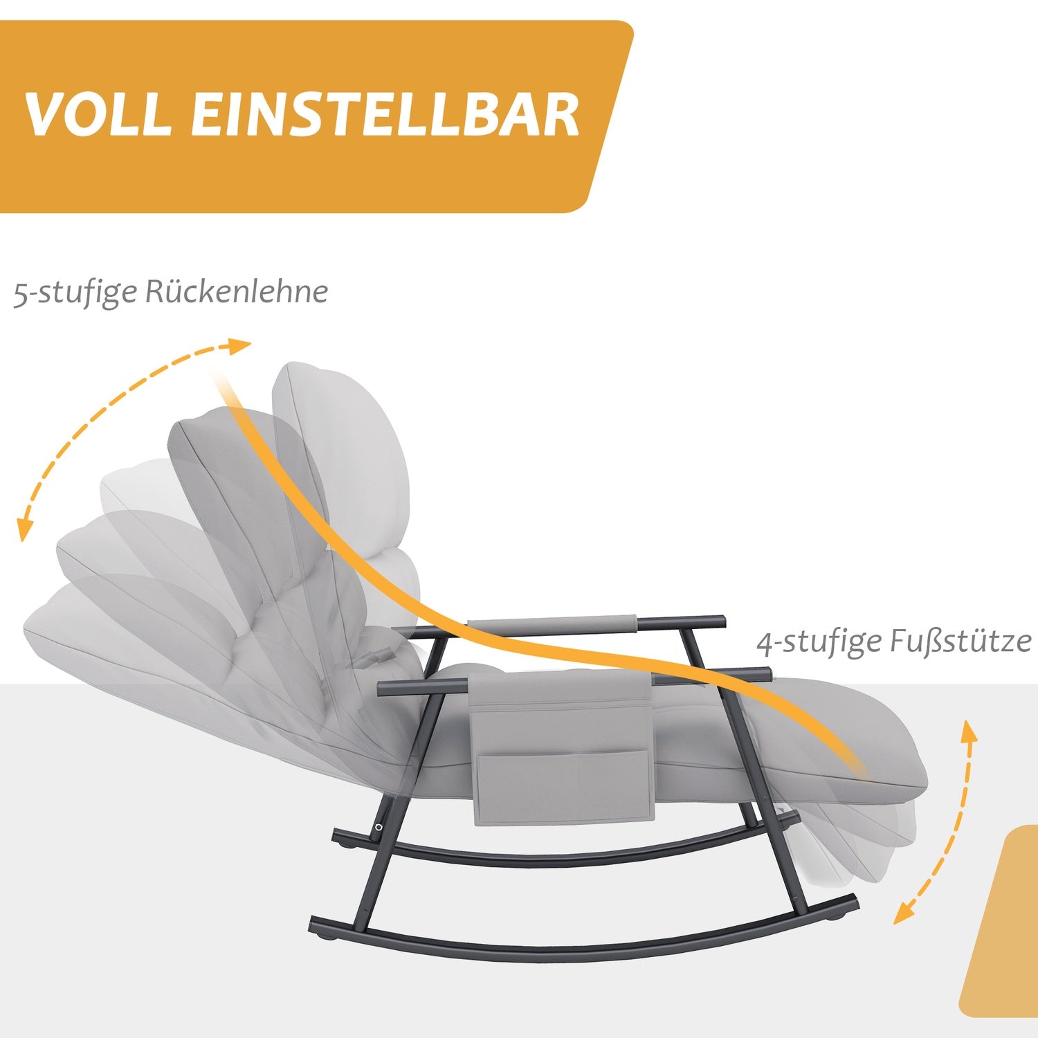 Šedé houpací křeslo z mikrovlákna s podnožkou a nastavitelným opěradlem