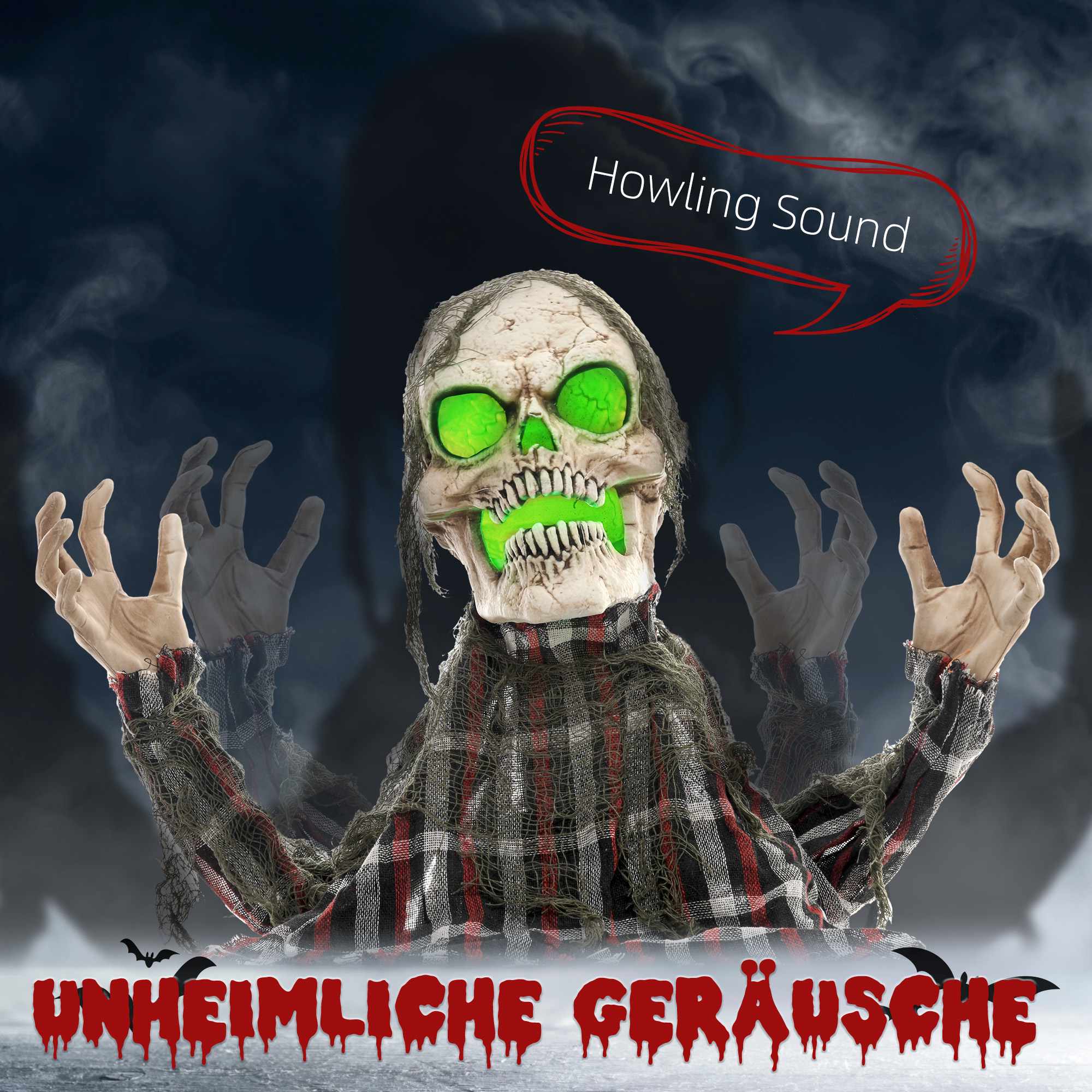 Halloween-banbrytarskelett, böjbara armar, glödande ögon