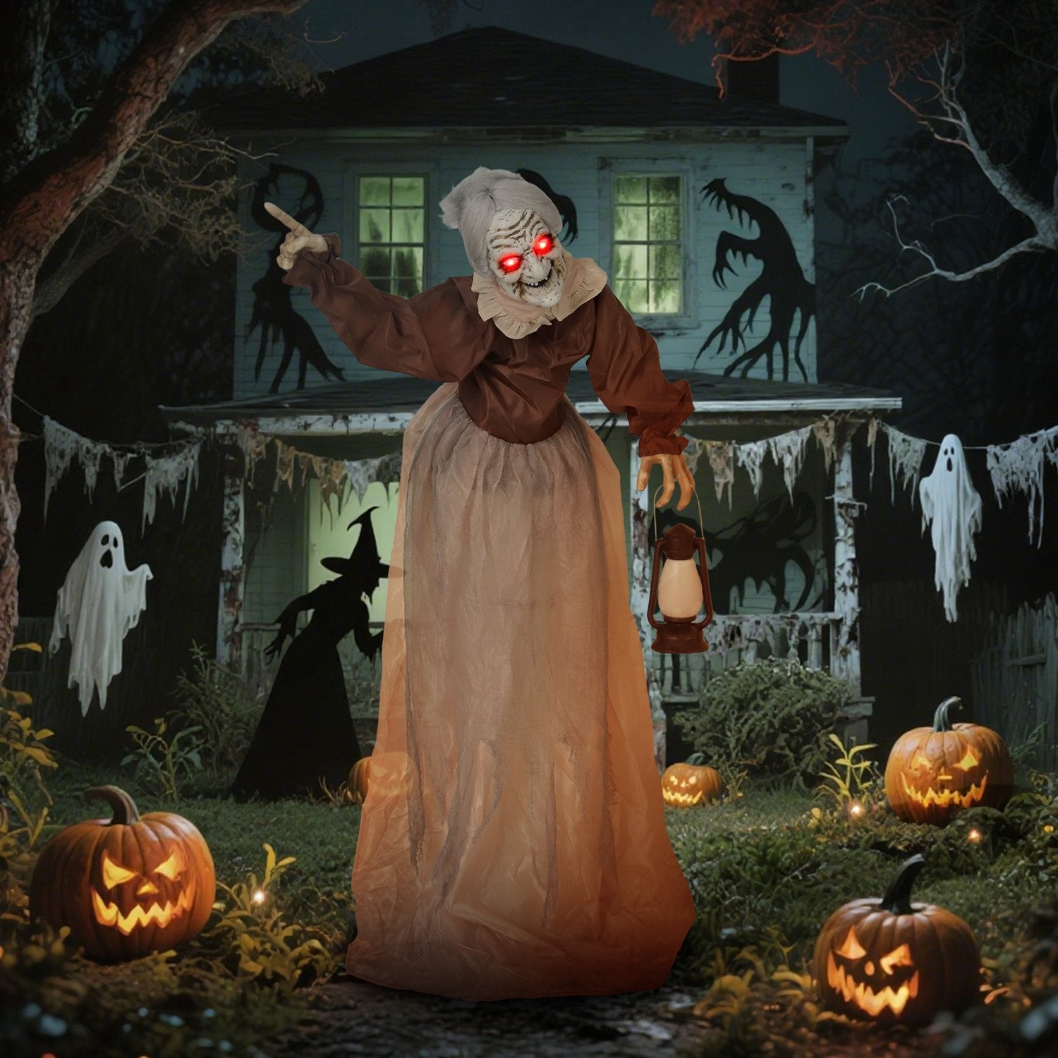Halloween-häxdekoration, 150 cm, LED-ljus, ljud