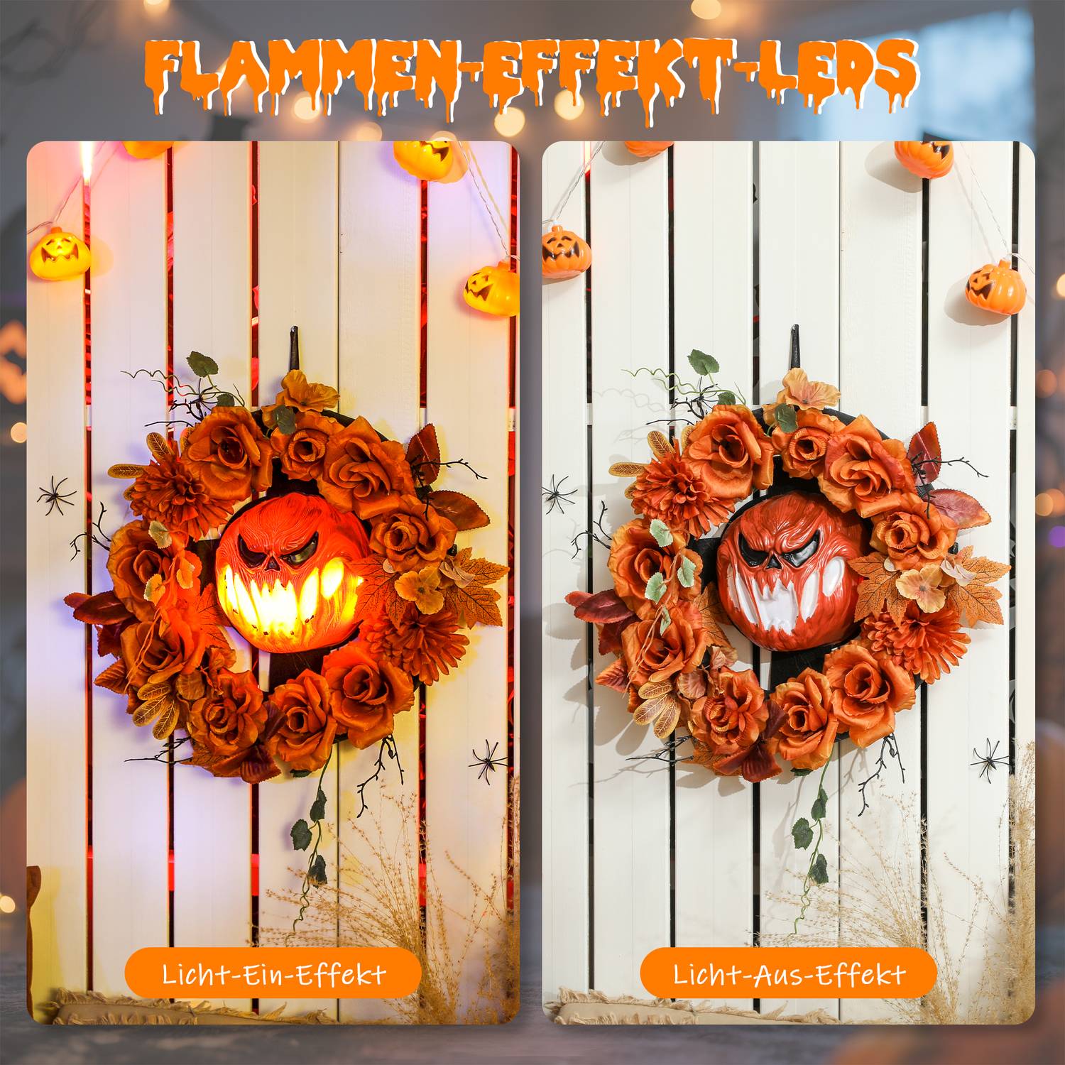 Halloweenkrans, pumpadesign, höstlöv, LED-effekter