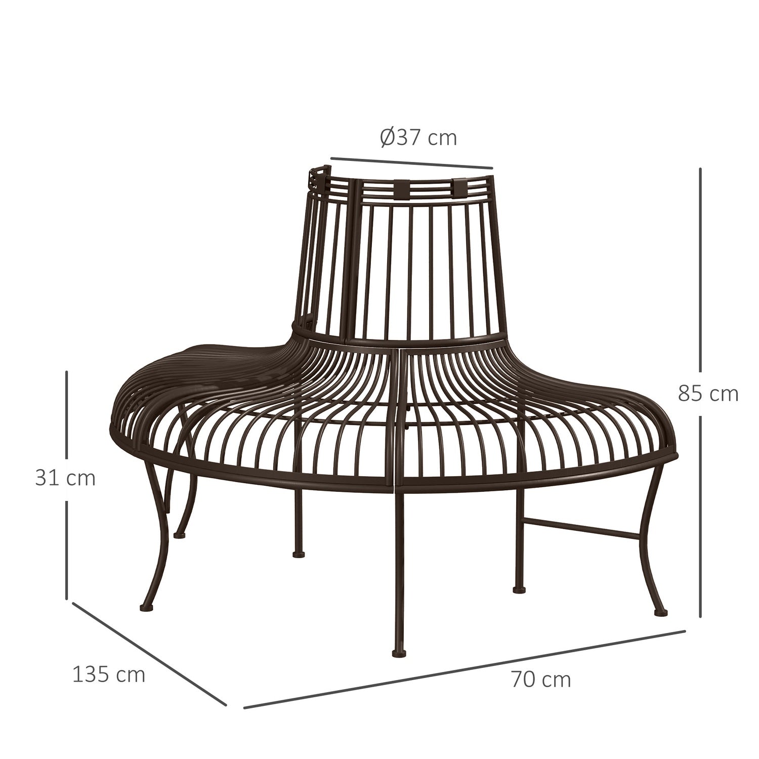 Halvcirkelformad metallträdbänk för 37 cm stammar, 135 x 70 x 85 cm