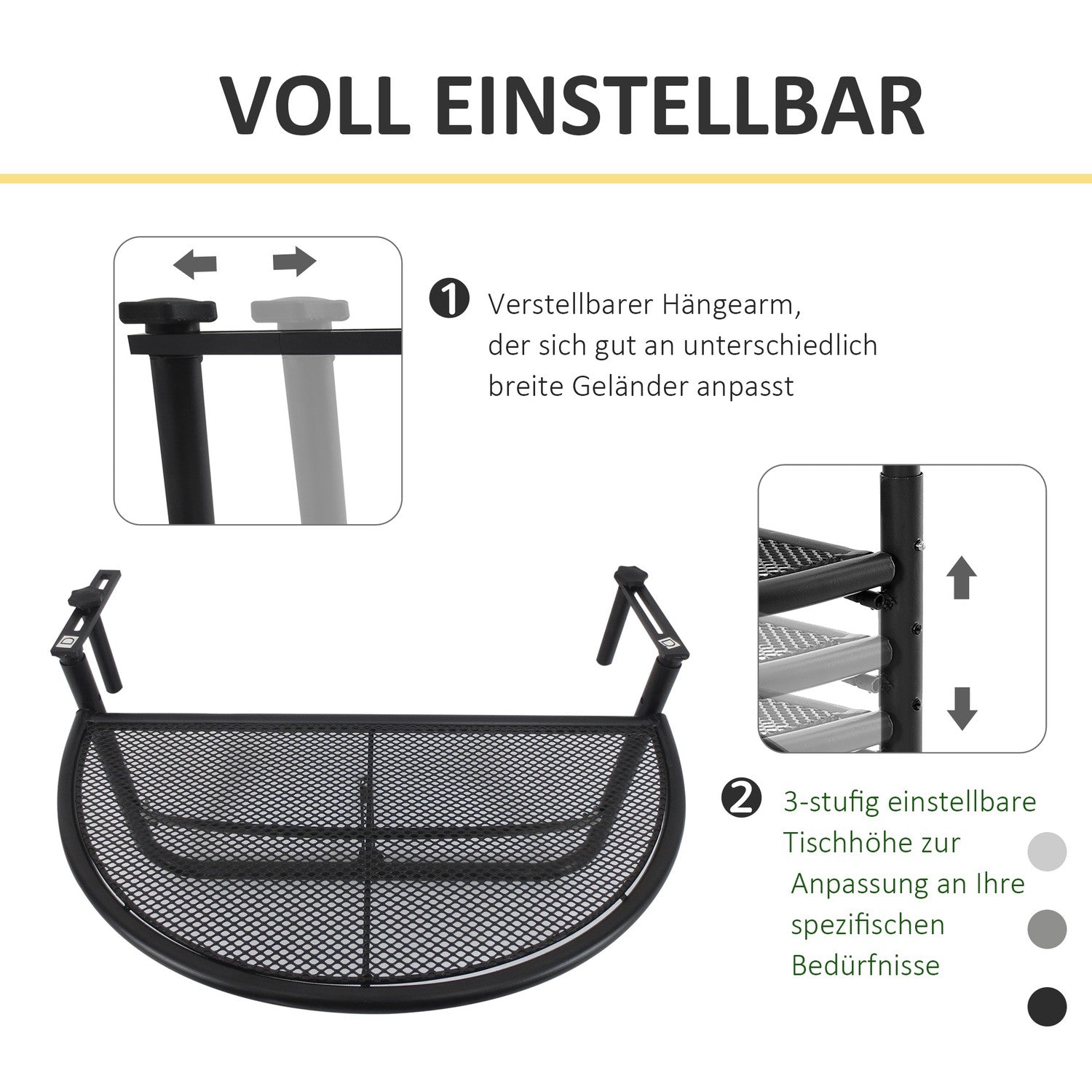 Halvrunda metallbalkongbord, höjdjusterbar Ø30Cm