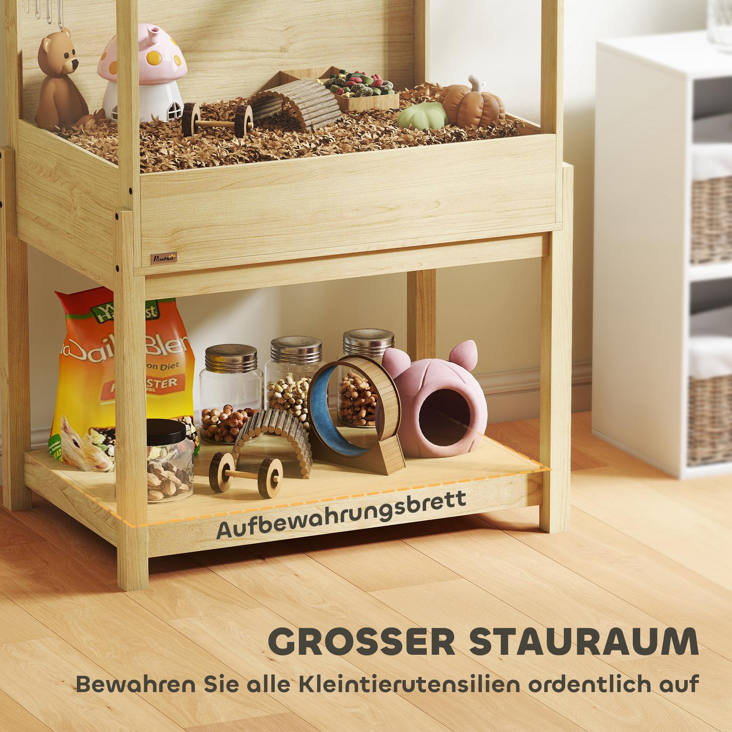 Hamsterbur 2 nivåer gnagarbur smådjursbur med gångjärnslock, stor 83,2 x 50 x 103 cm naturligt trä