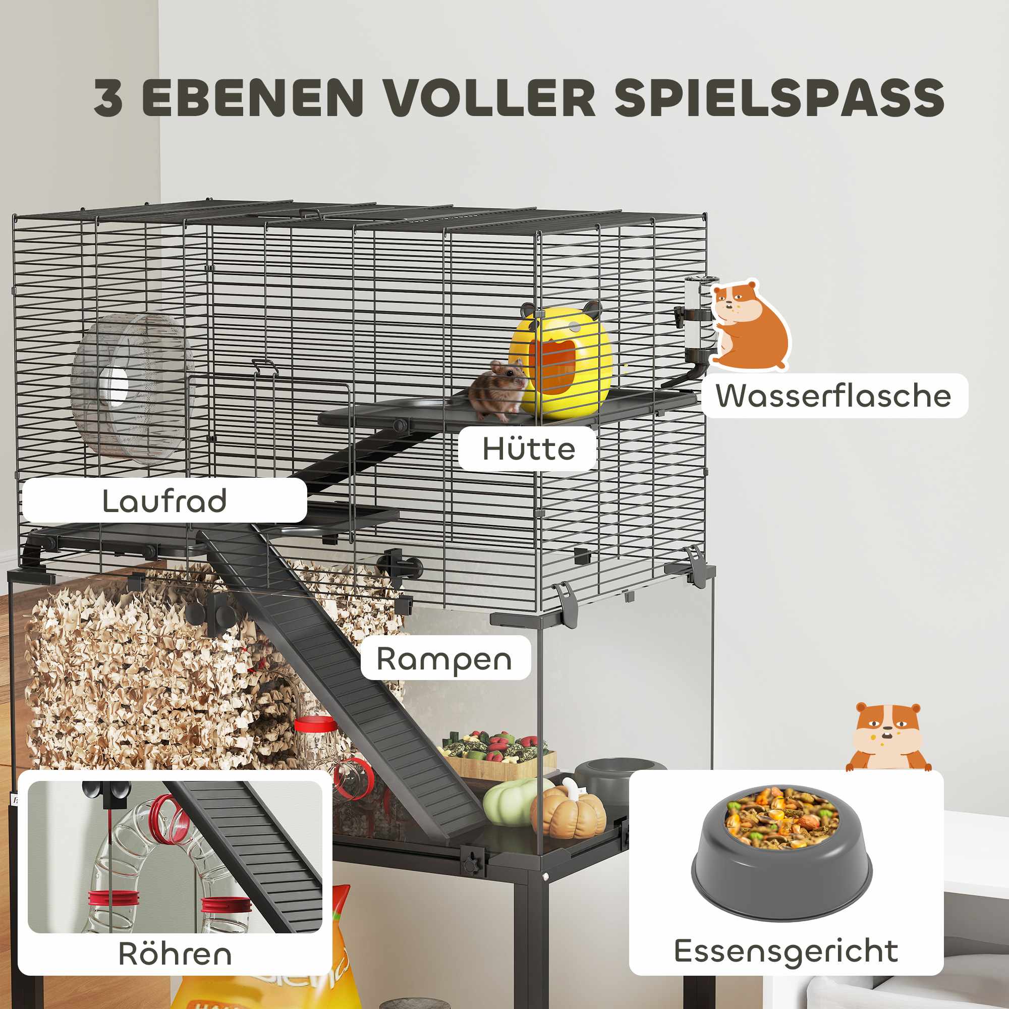 Hamsterbur i tre nivåer med hjul och tillbehör