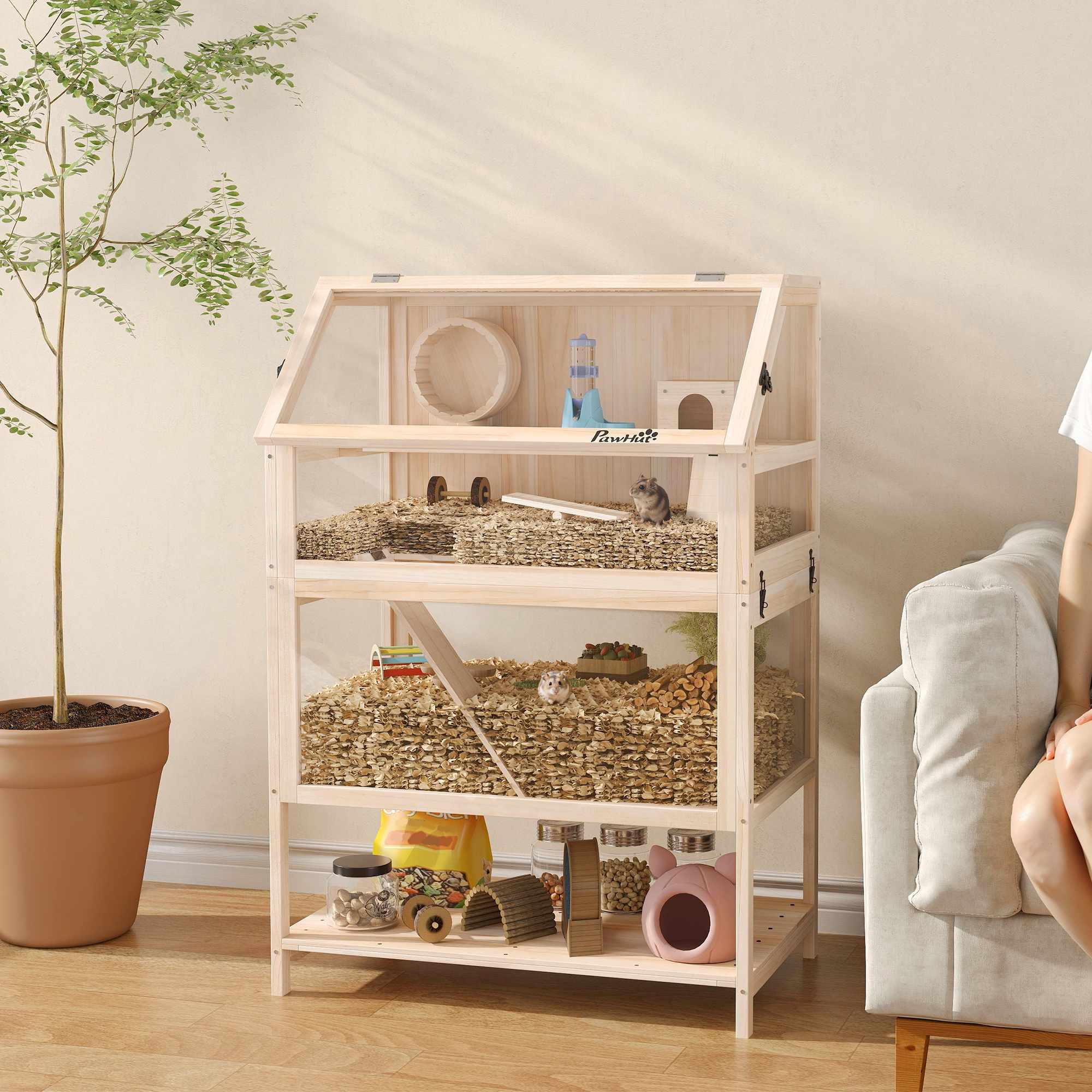 Hamsterbur med 3 nivåer, tillbehör, lätt att rengöra