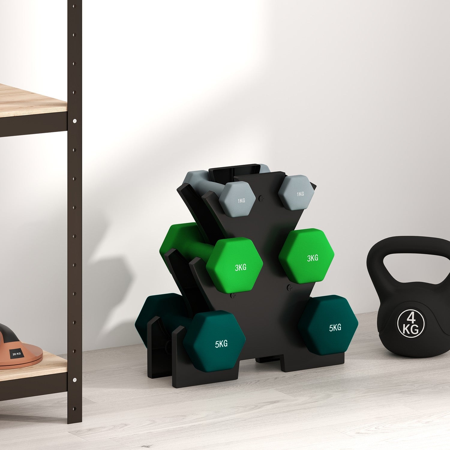 Hantelset med stativ – 6 par: 1 kg, 3 kg, 5 kg