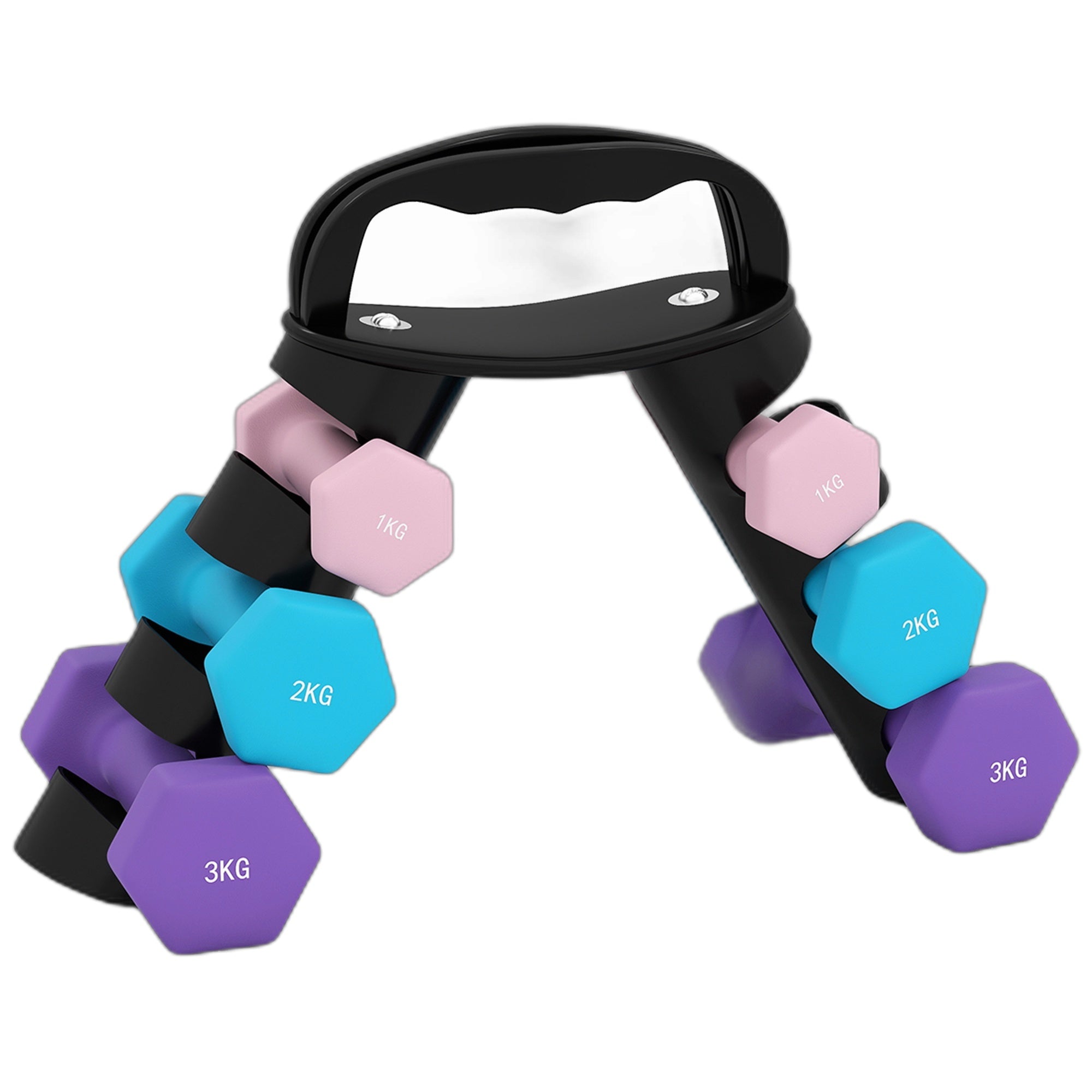 Hantelset med ställ, 6 vikter: 1 kg, 2 kg, 3 kg