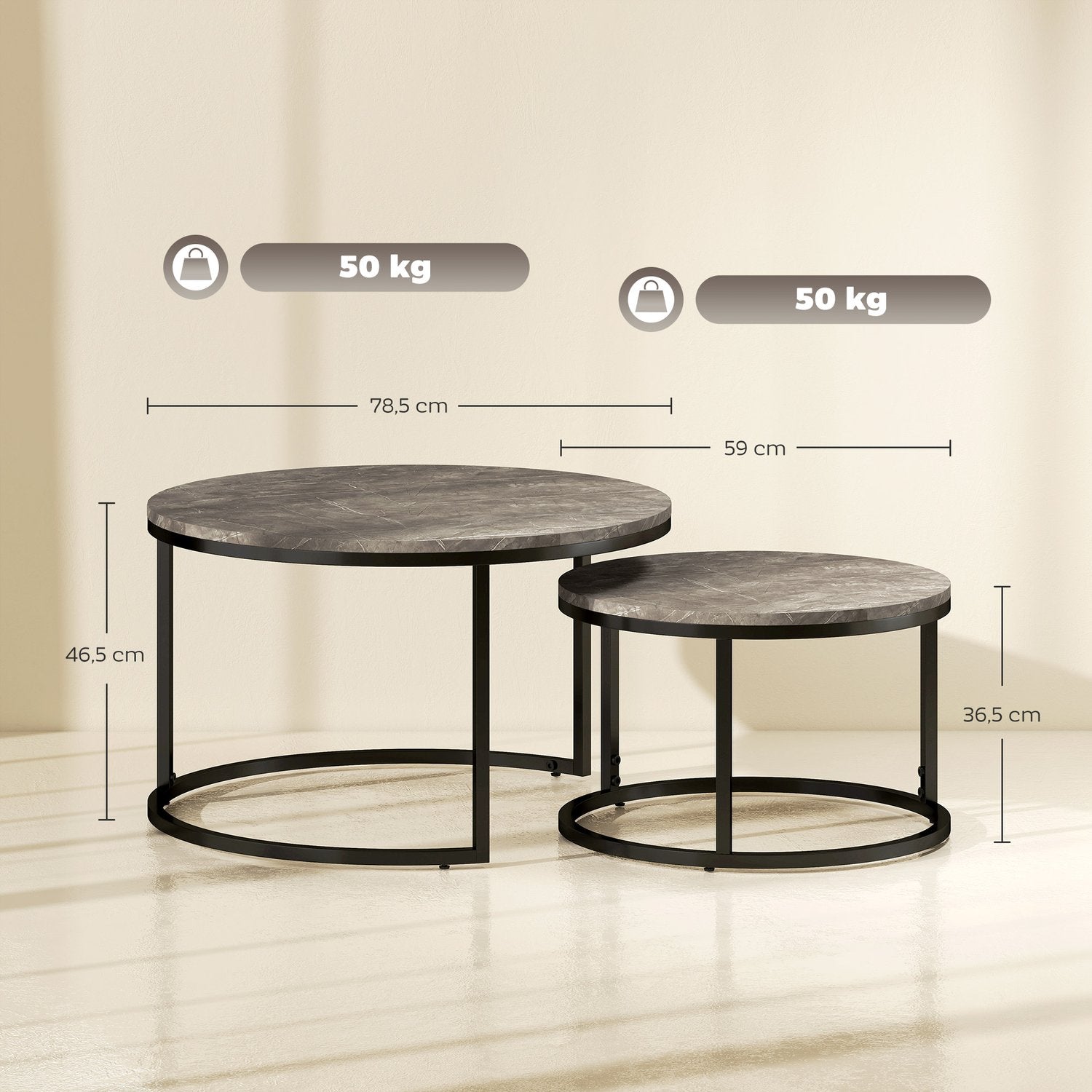 Häckande soffbordsset, marmorlook, metallram