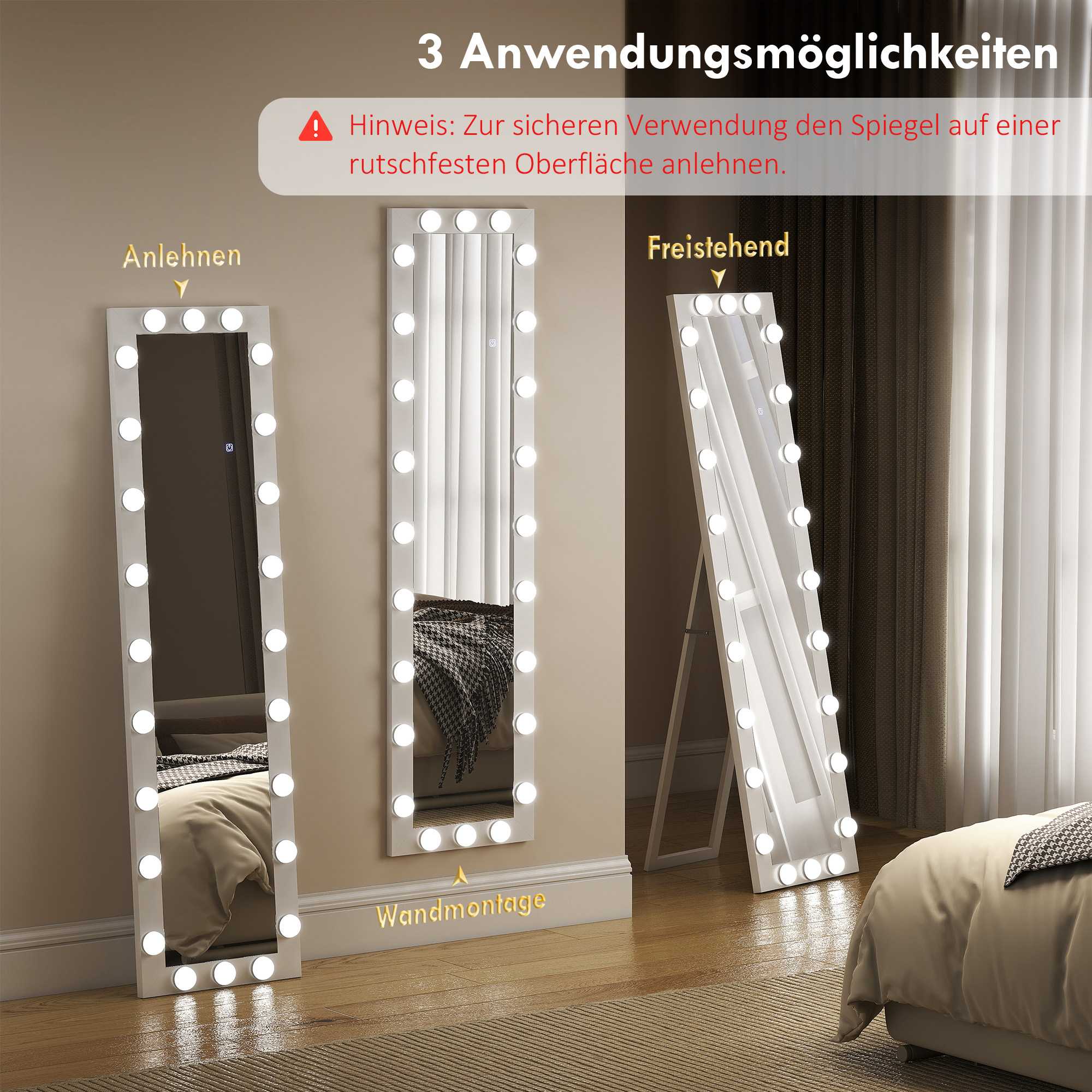 Helkroppsspegel 150x40 cm med LED-lampor, 3 ljuslägen