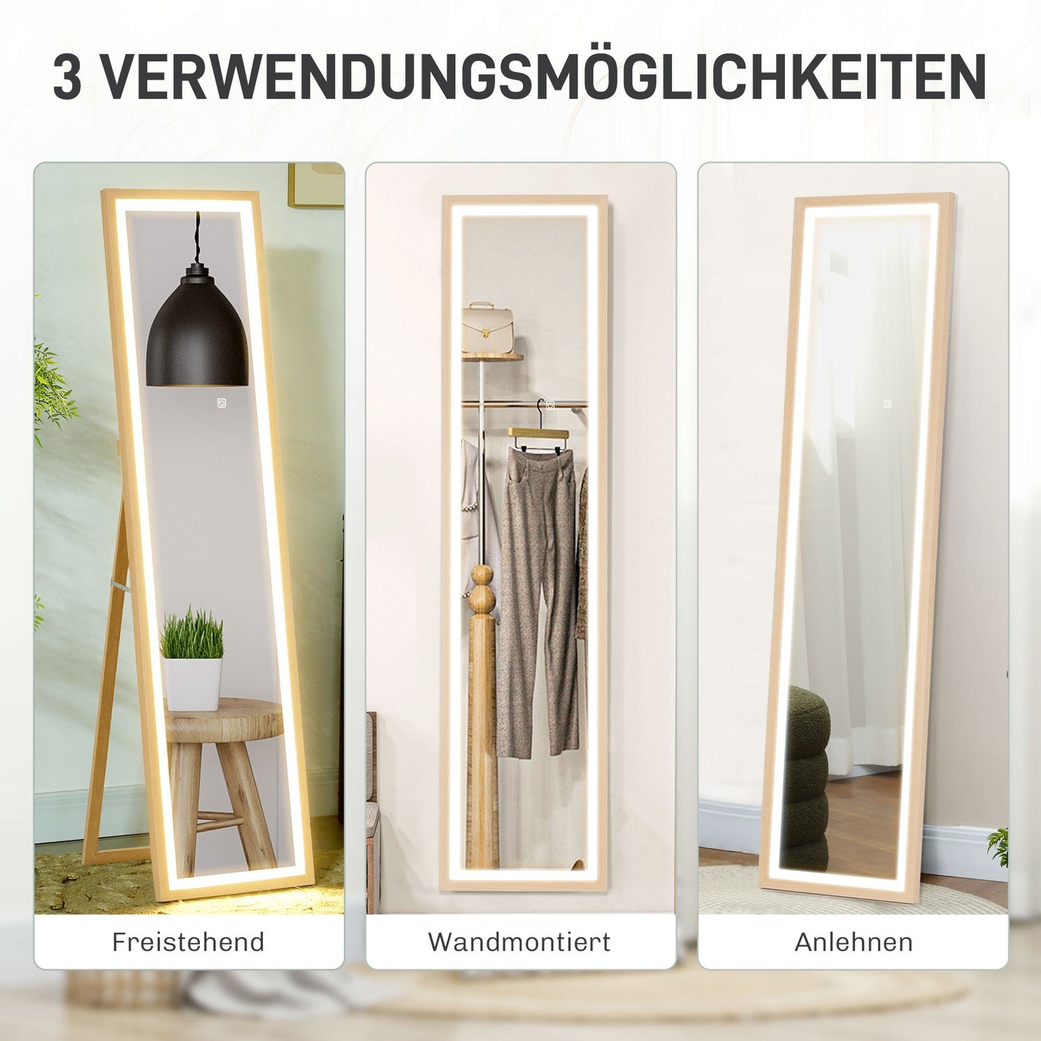 Hellängd LED-spegel, 40x160 cm, Touch Control, Ek