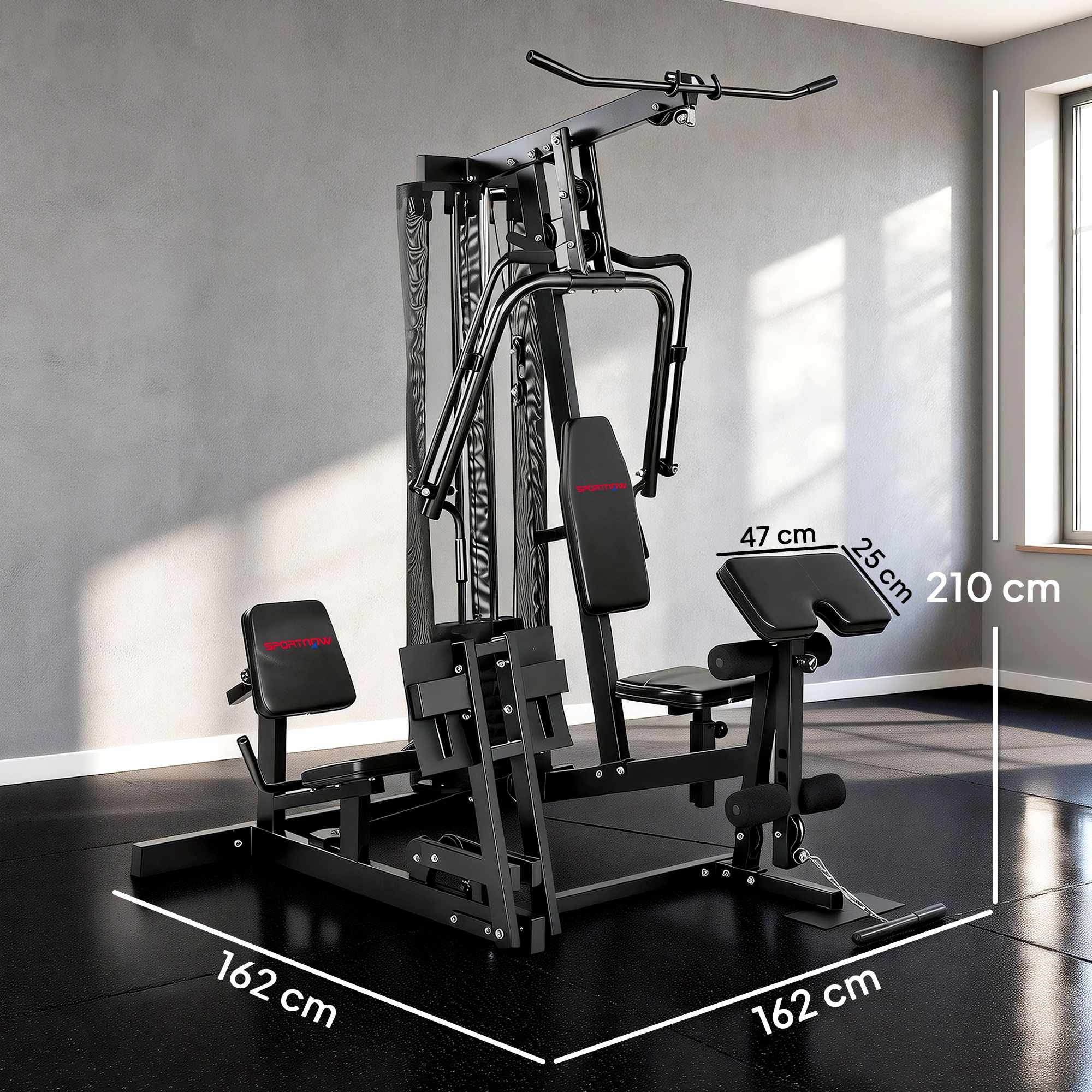 Hemmagymstation med benpress, justerbar sits, 65 kg vikter