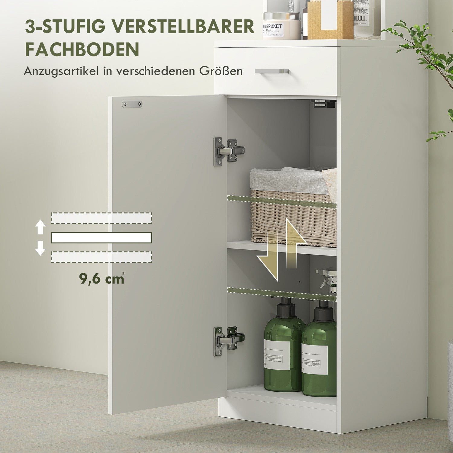 Högt badrumsskåp, slimmad design, låda, hyllor, skåp, spånskiva, vit