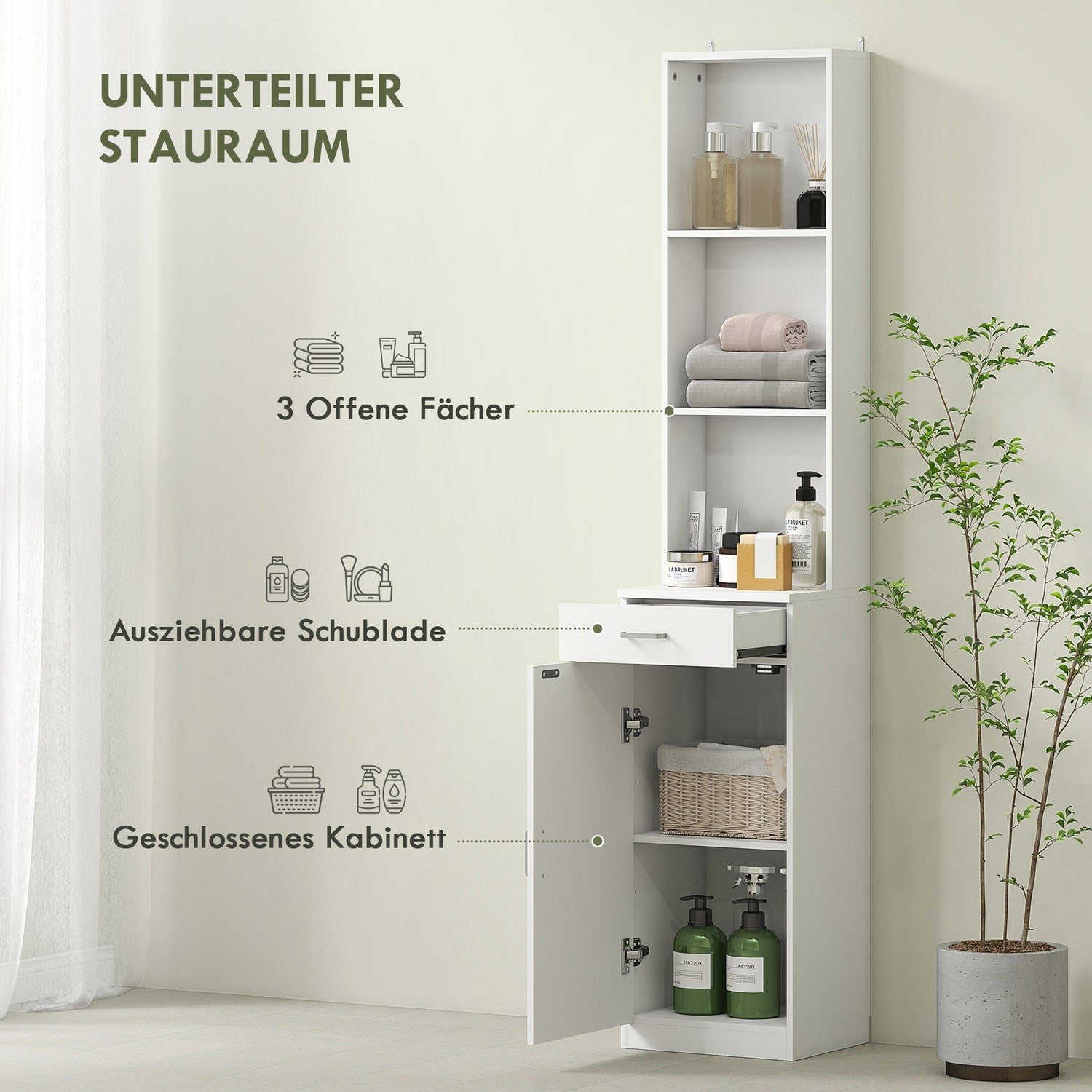 Högt badrumsskåp, slimmad design, låda, hyllor, skåp, spånskiva, vit