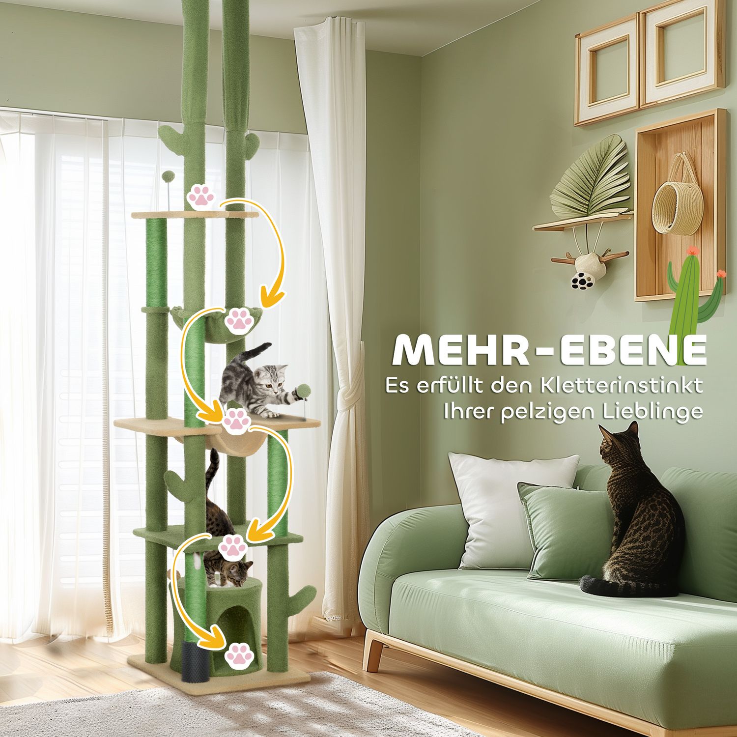 Högt i tak kattträd 225-255cm med grotta & korg - grön