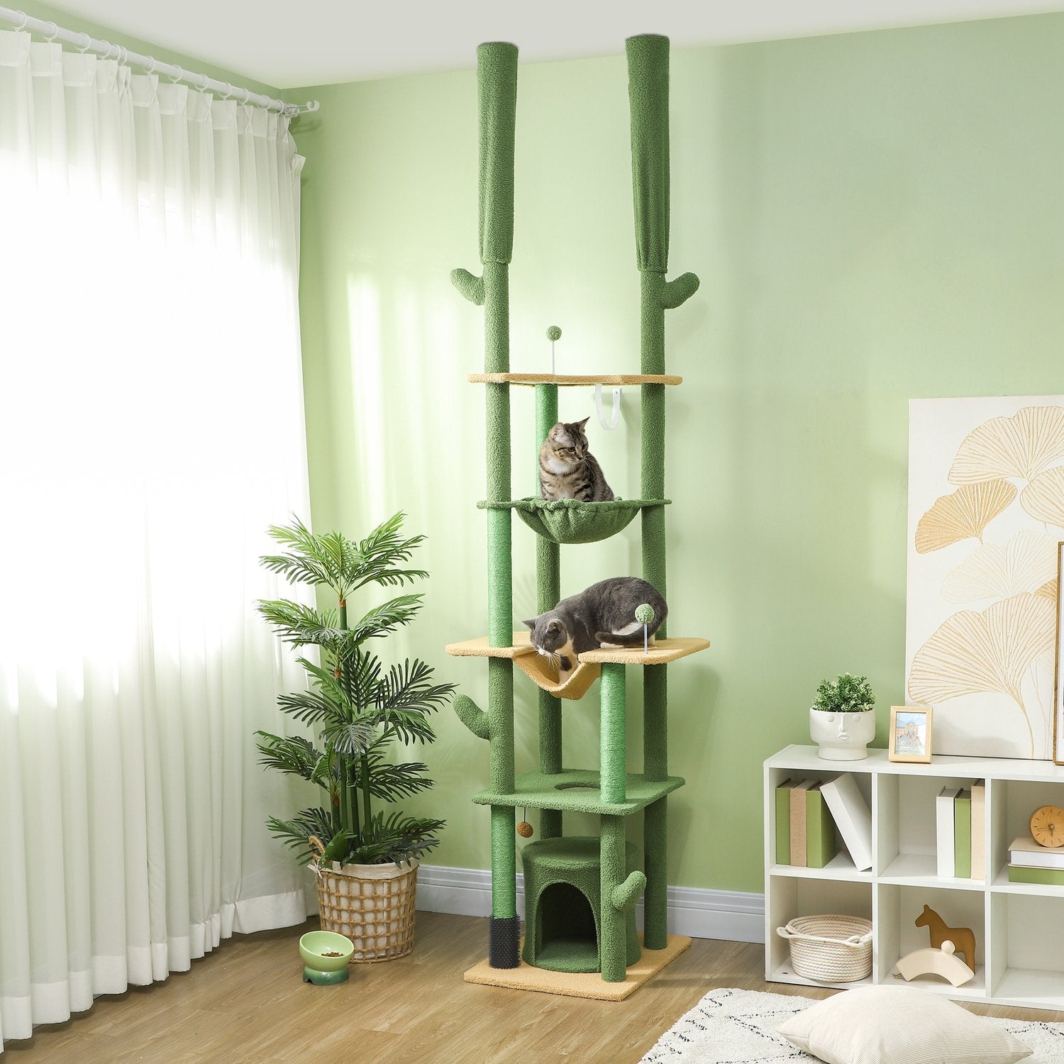 Högt i tak kattträd 225-255cm med grotta & korg - grön