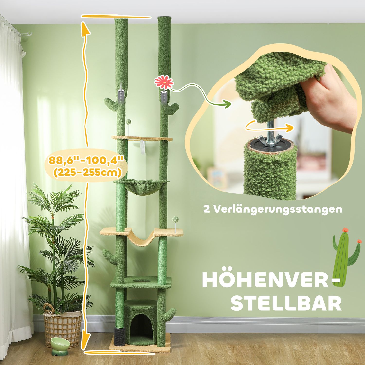 Högt i tak kattträd 225-255cm med grotta & korg - grön