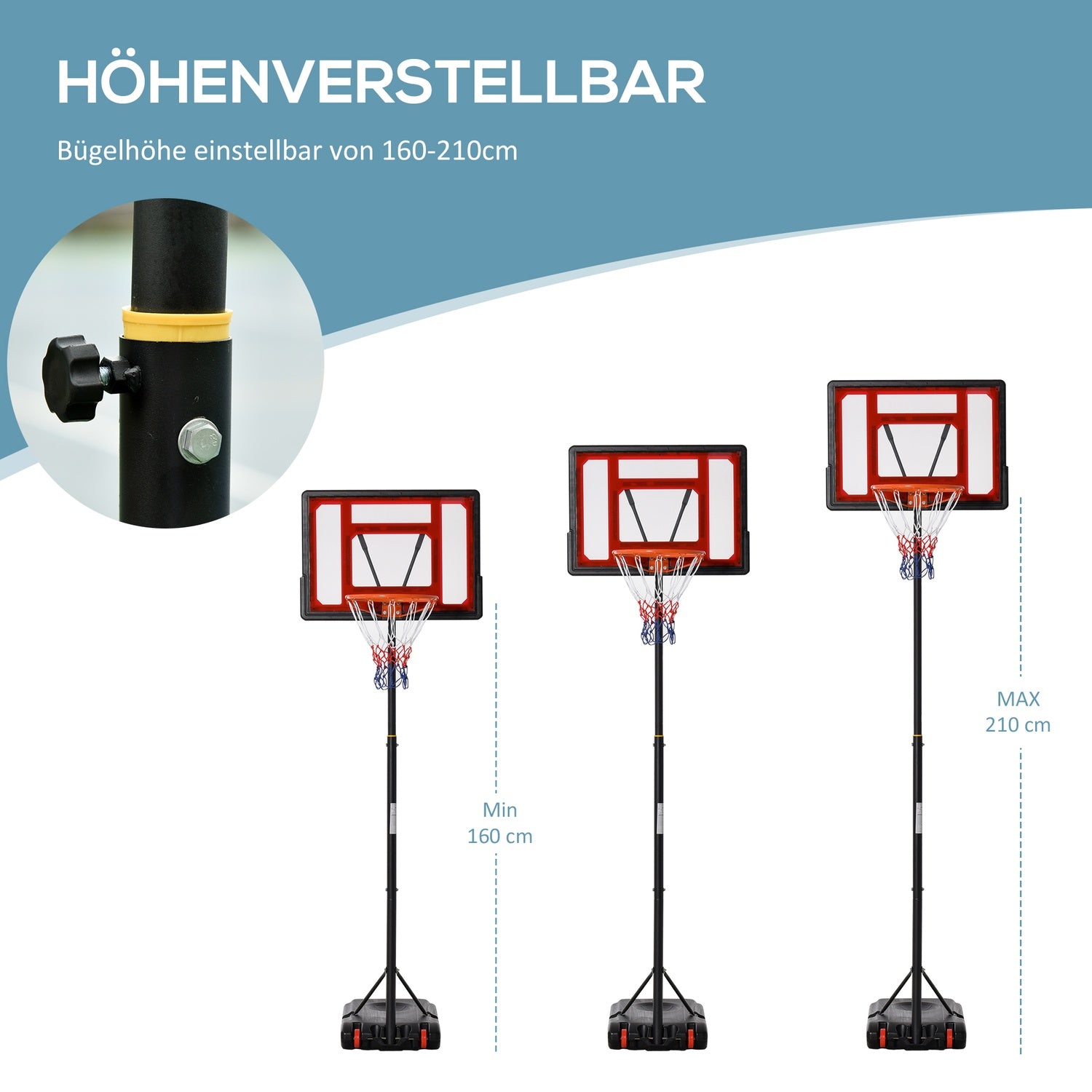 Höjdjusterbar basketbåge med hjul för tonåringar