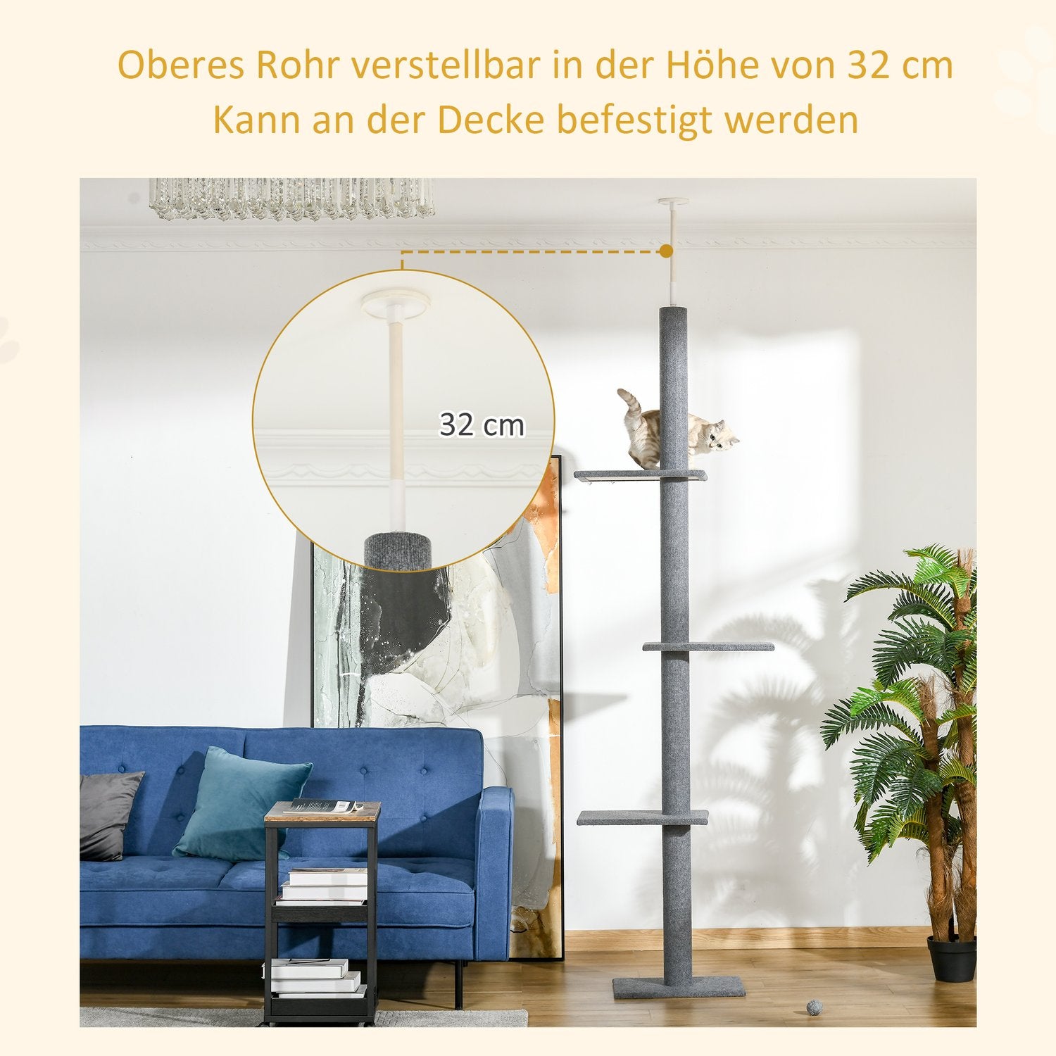 Höjdjusterbar kattskrapstolpe, klätterträd, grå